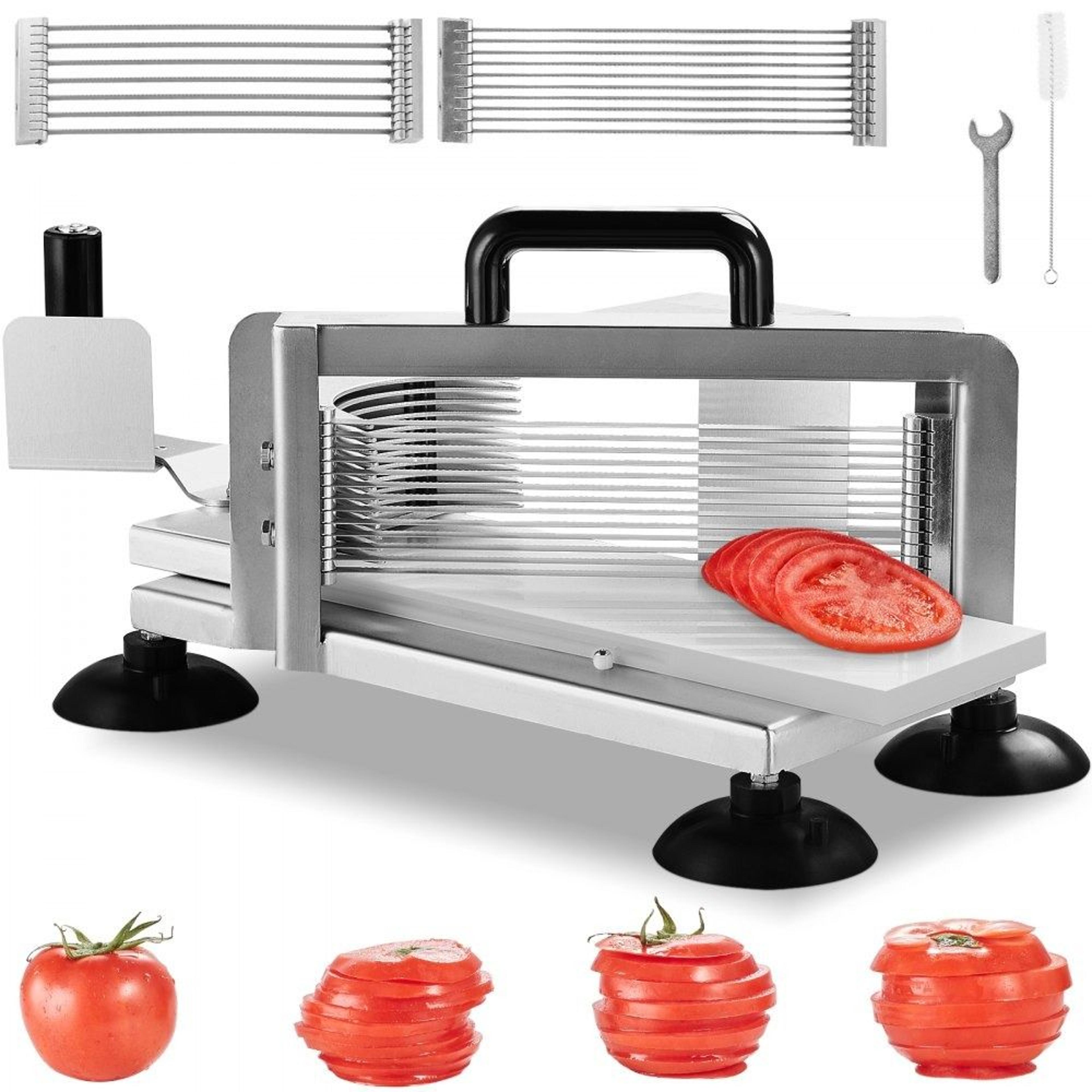 precision commercial tomato slicer with 3 blade sizes and stainless steel construction