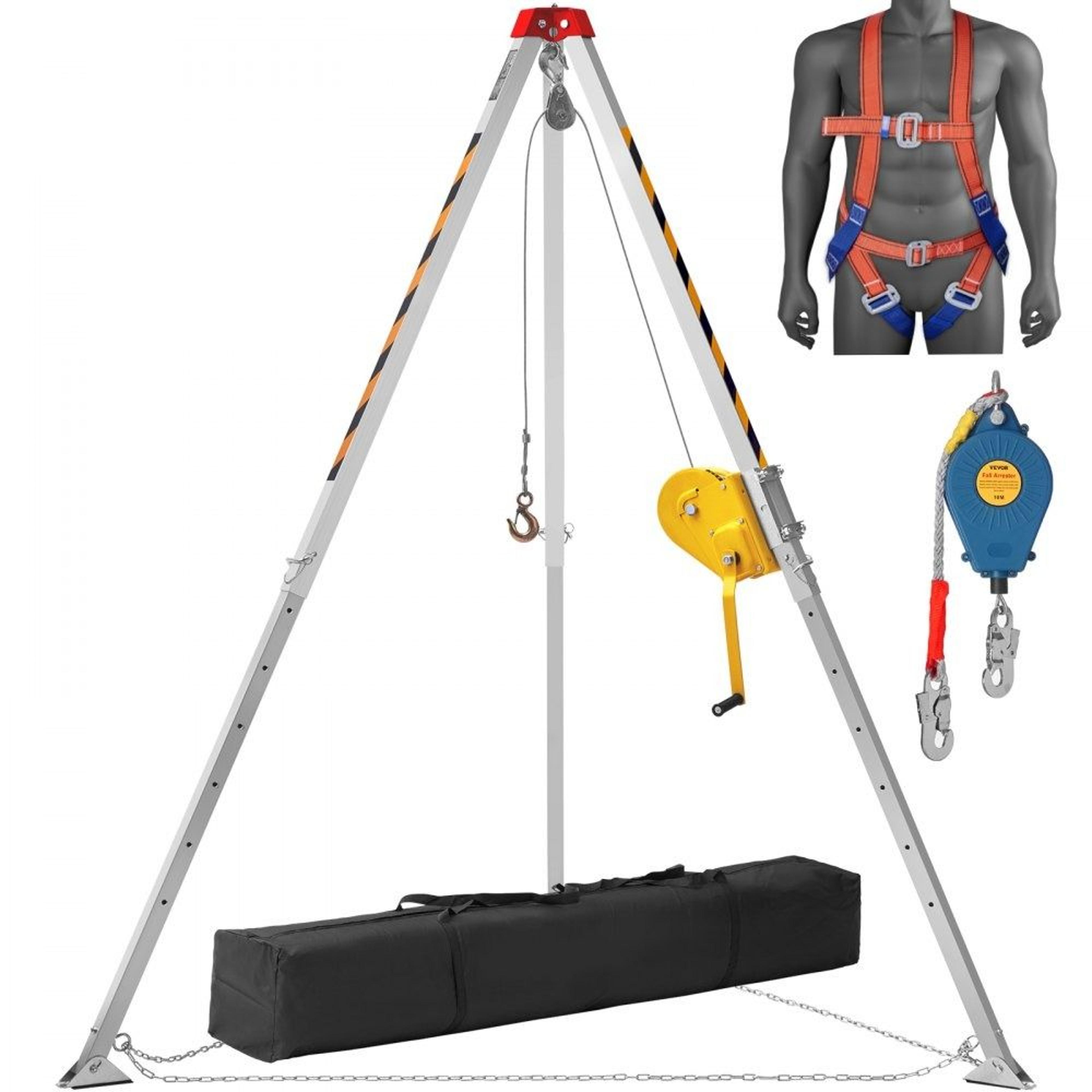 confined space rescue tripod kit with heavy duty winch fall protection harness and 98 ft steel cable