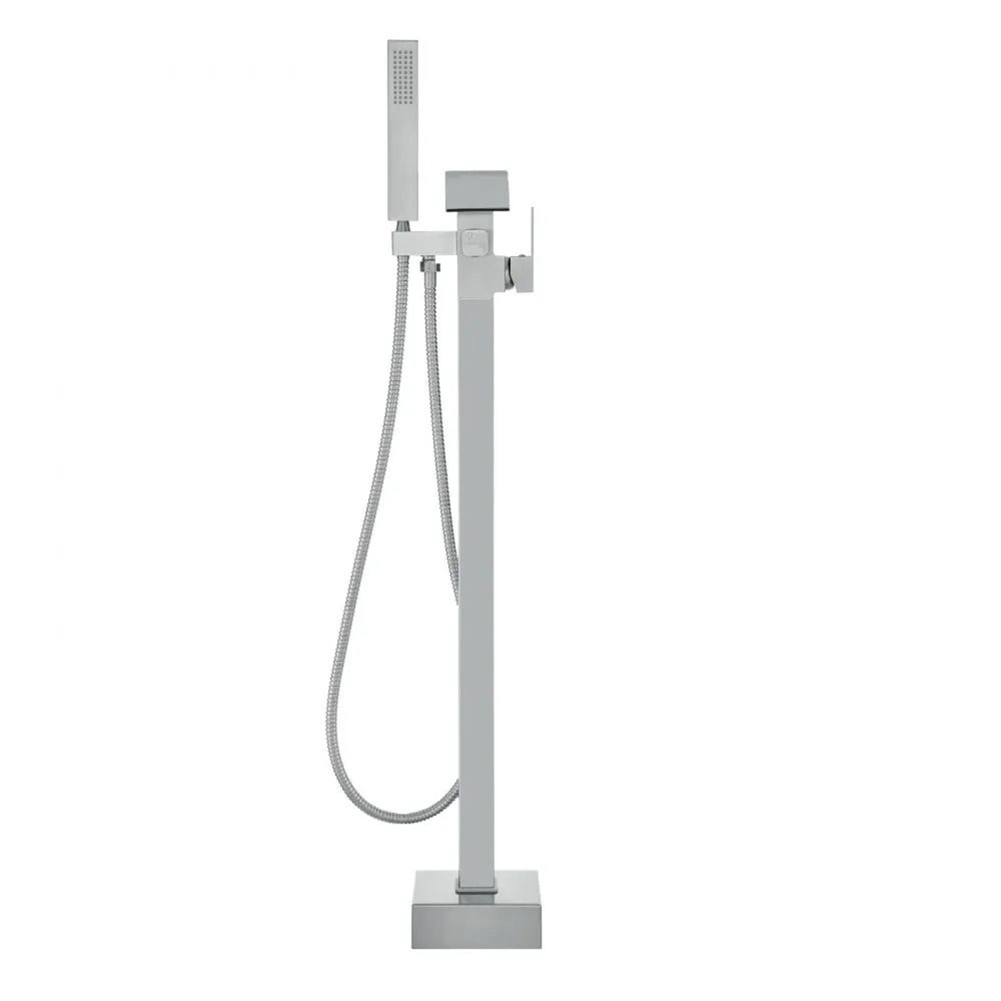 modern freestanding bathtub faucet with 360 swivel waterfall spout and handheld shower