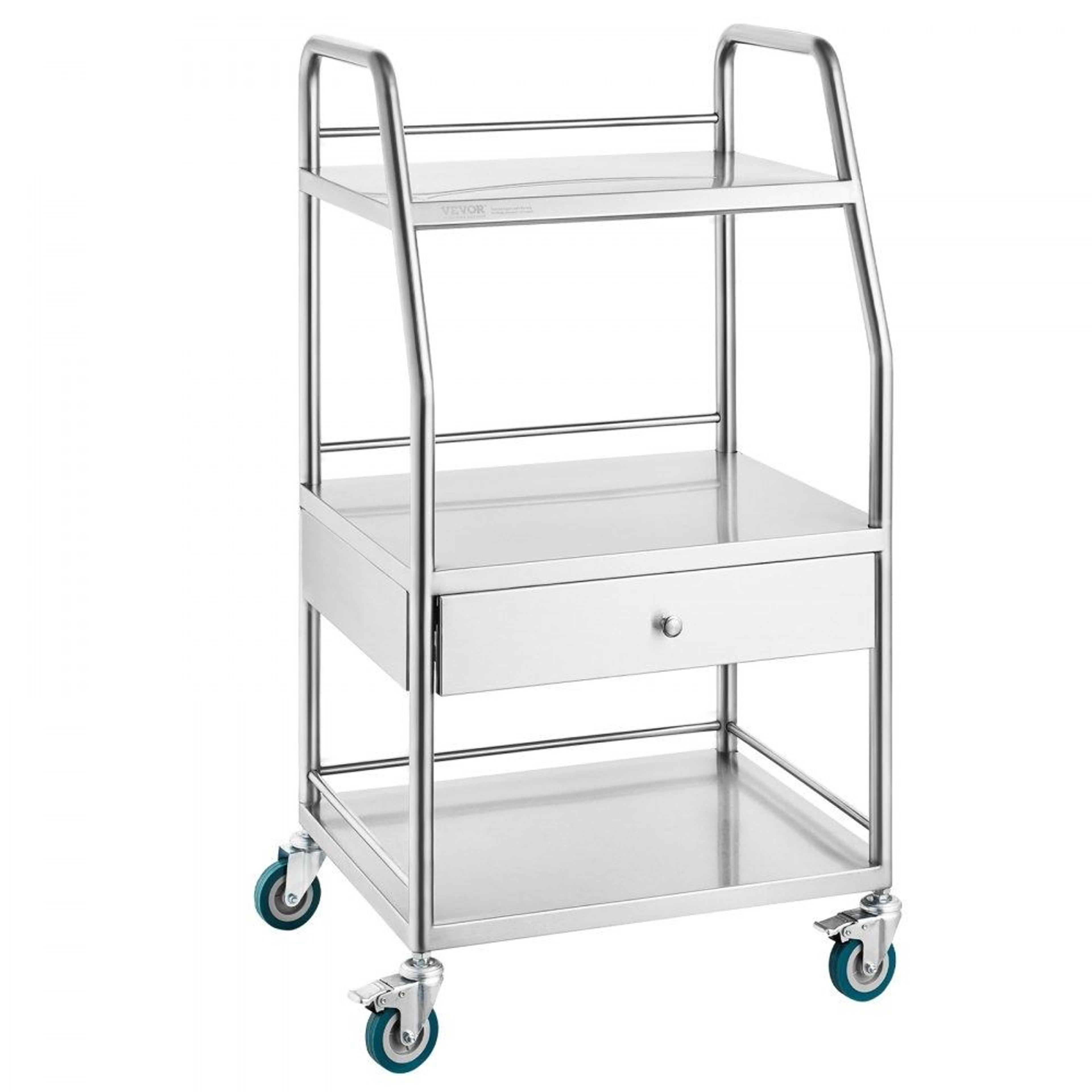 3 tier stainless steel lab cart with drawer and lockable wheels