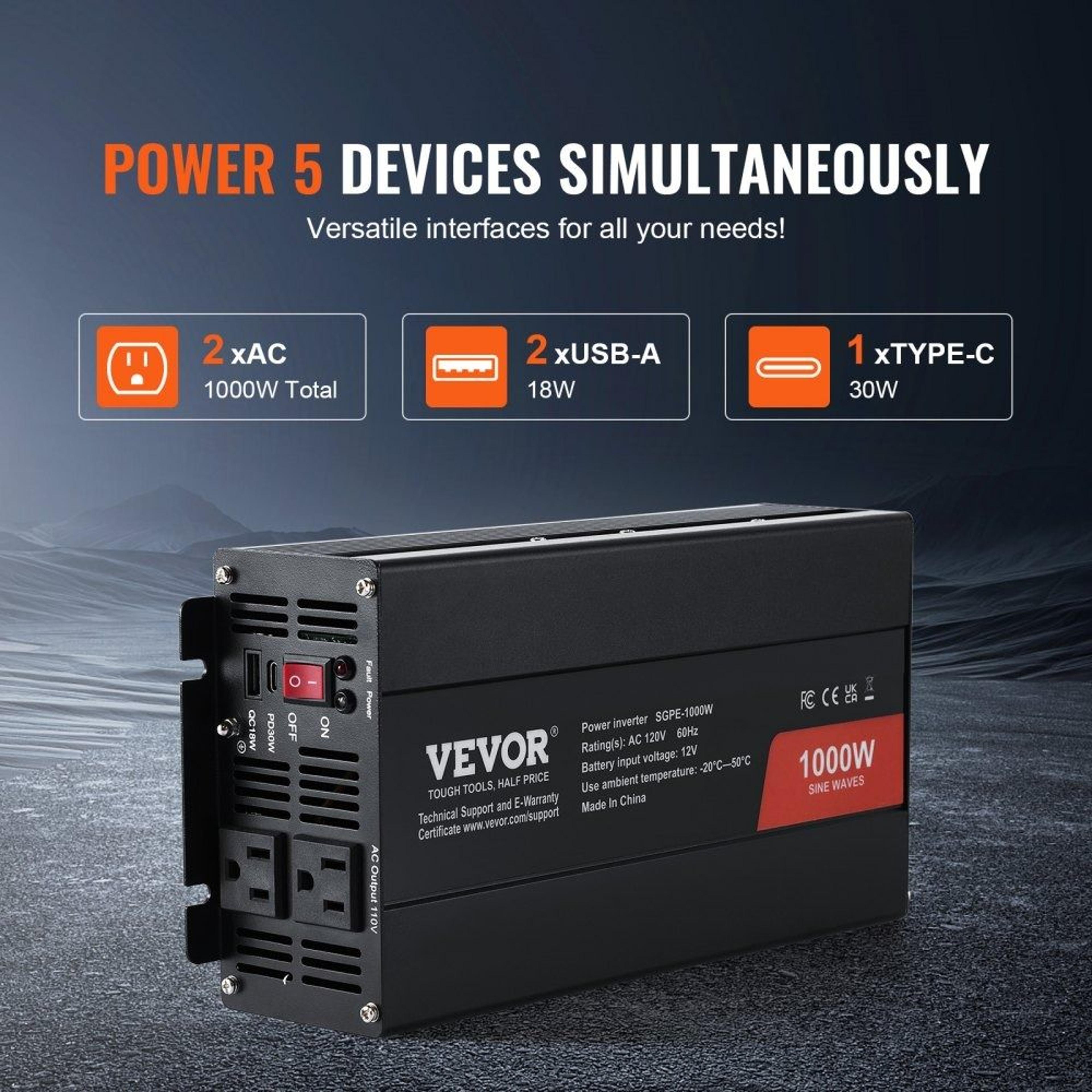 1000W Pure Sine Wave Power Inverter 12V To 120V With USB Type C And Remote Control 4