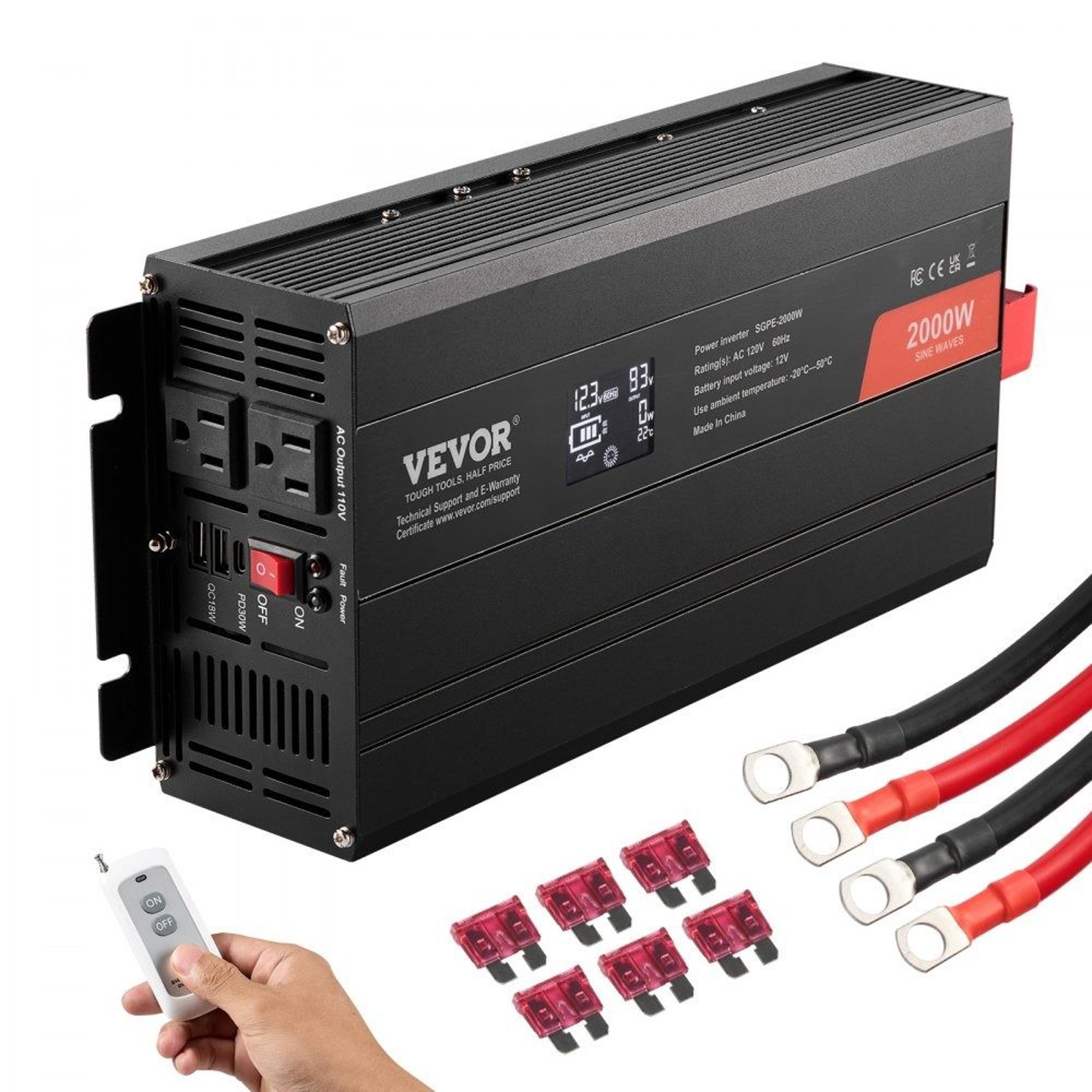 2000w pure sine wave power inverter 12v dc to 110v ac with remote control and usb charging