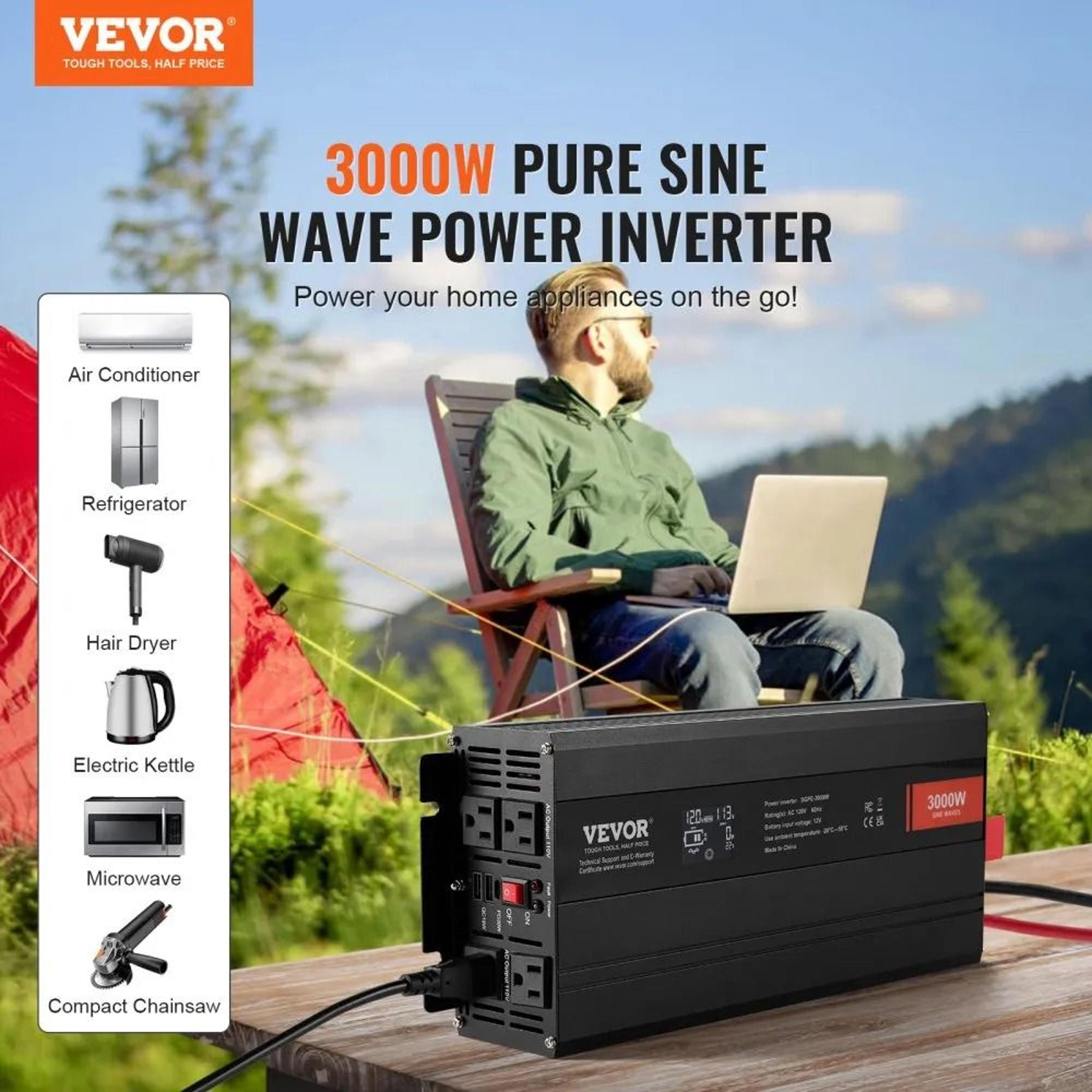 3000W Pure Sine Wave Power Inverter 12V To 120V With LCD Remote Control And USB Charging 1