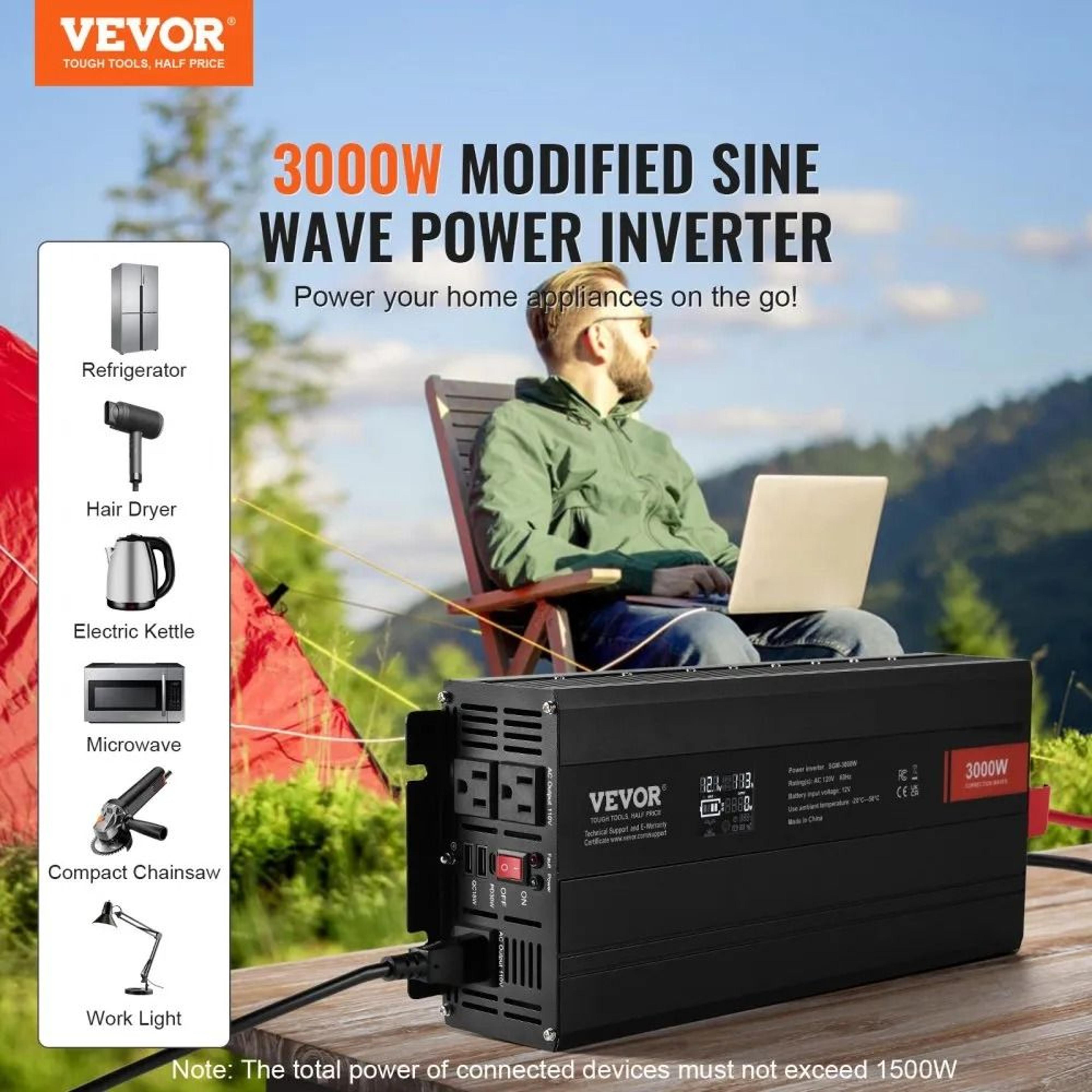 3000W Modified Sine Wave Power Inverter 12V To 120V With LCD USB Type C And AC Outlets 1