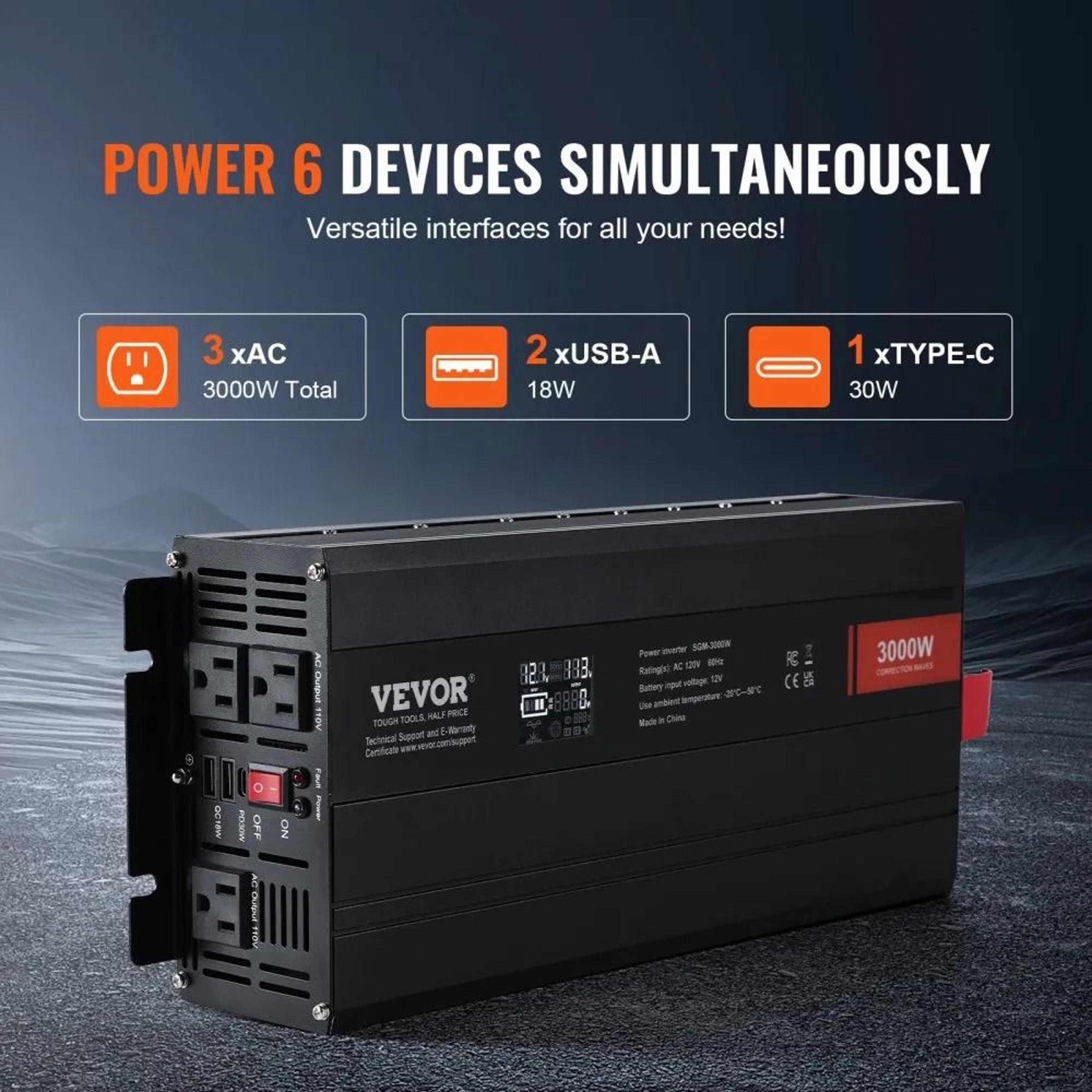 3000W Modified Sine Wave Power Inverter 12V To 120V With LCD USB Type C And AC Outlets 5