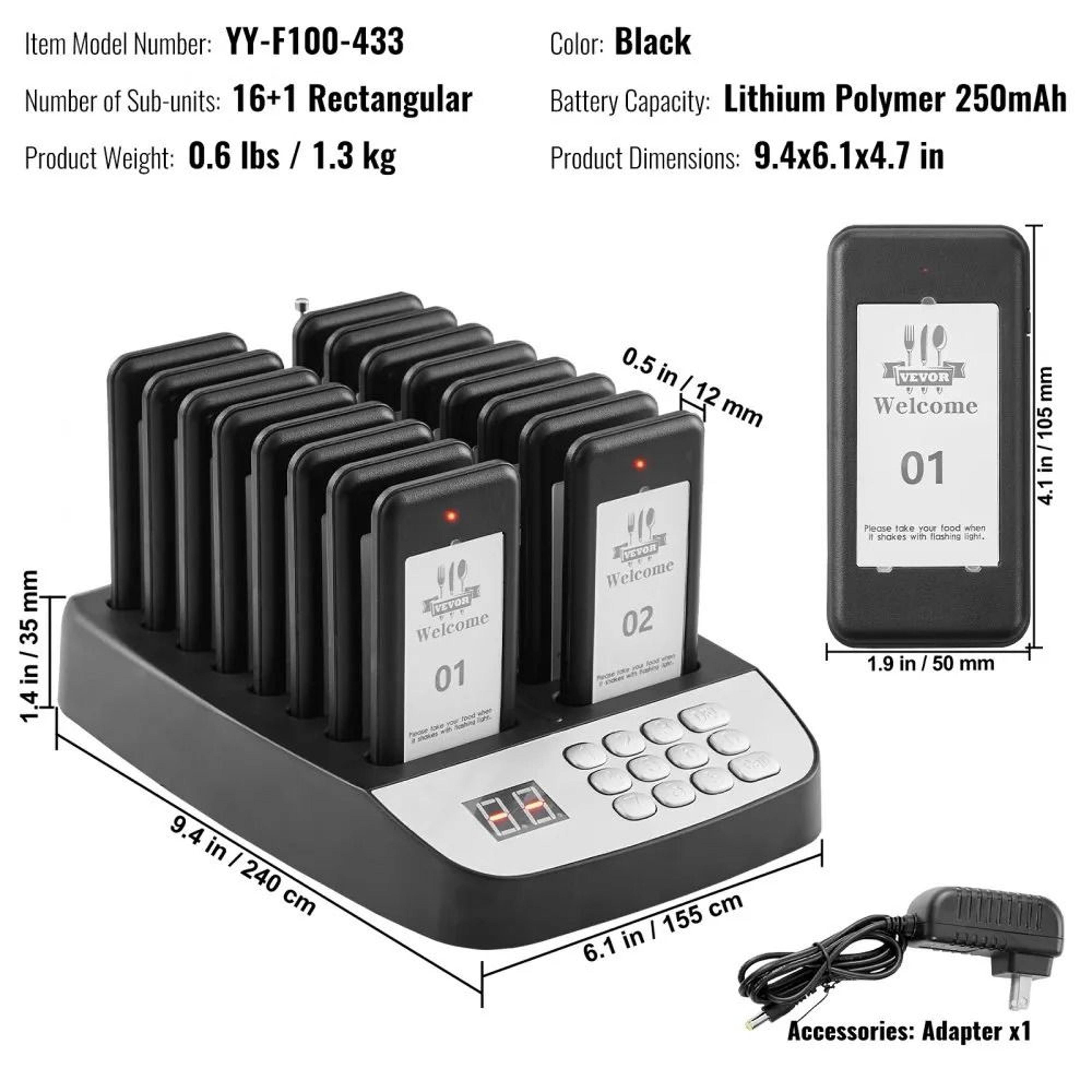 Wireless Restaurant Pager System With 16 Guest Buzzers Long Range Queue Calling 7
