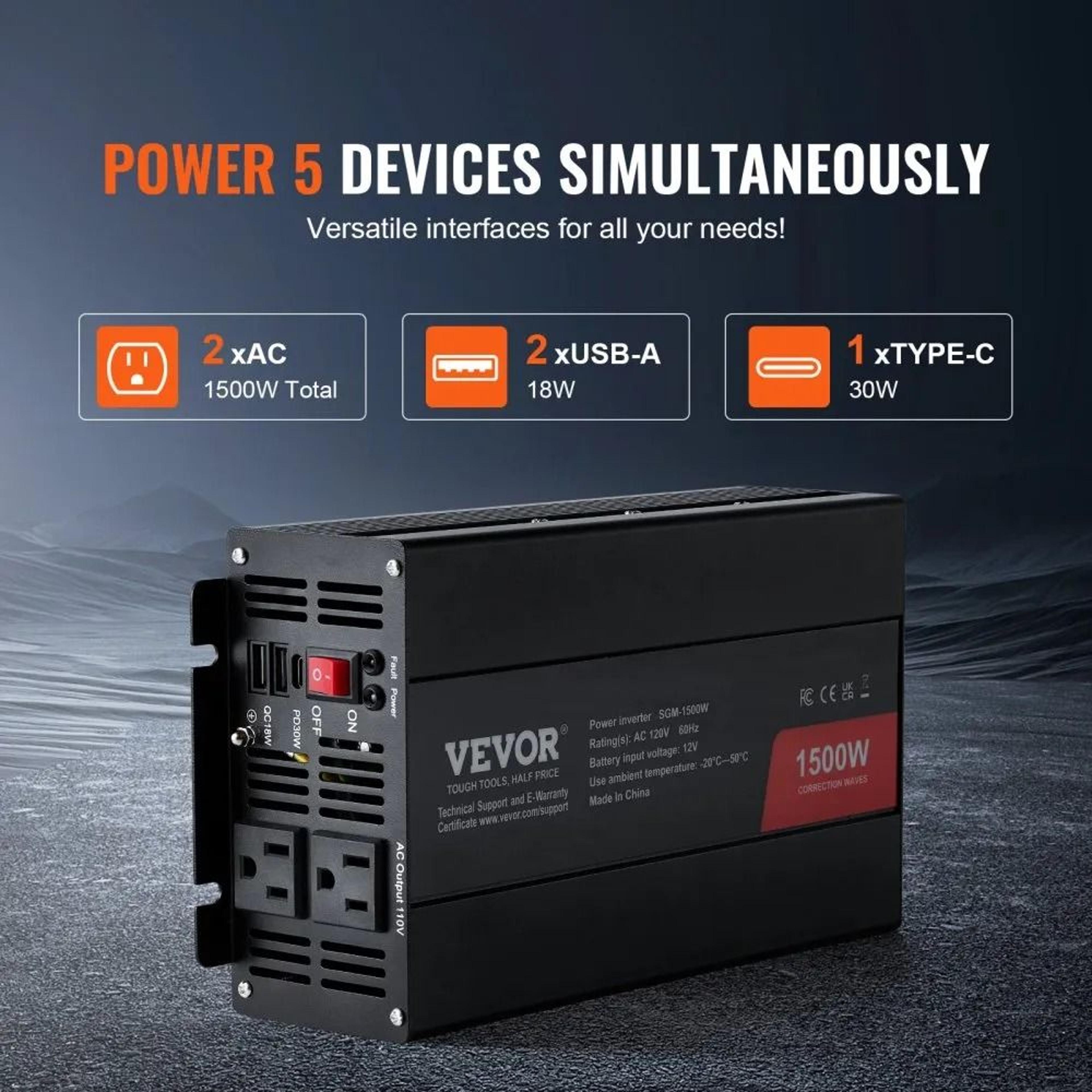 1500W Modified Sine Wave Power Inverter 12V DC To 120V AC With USB C Charging 5