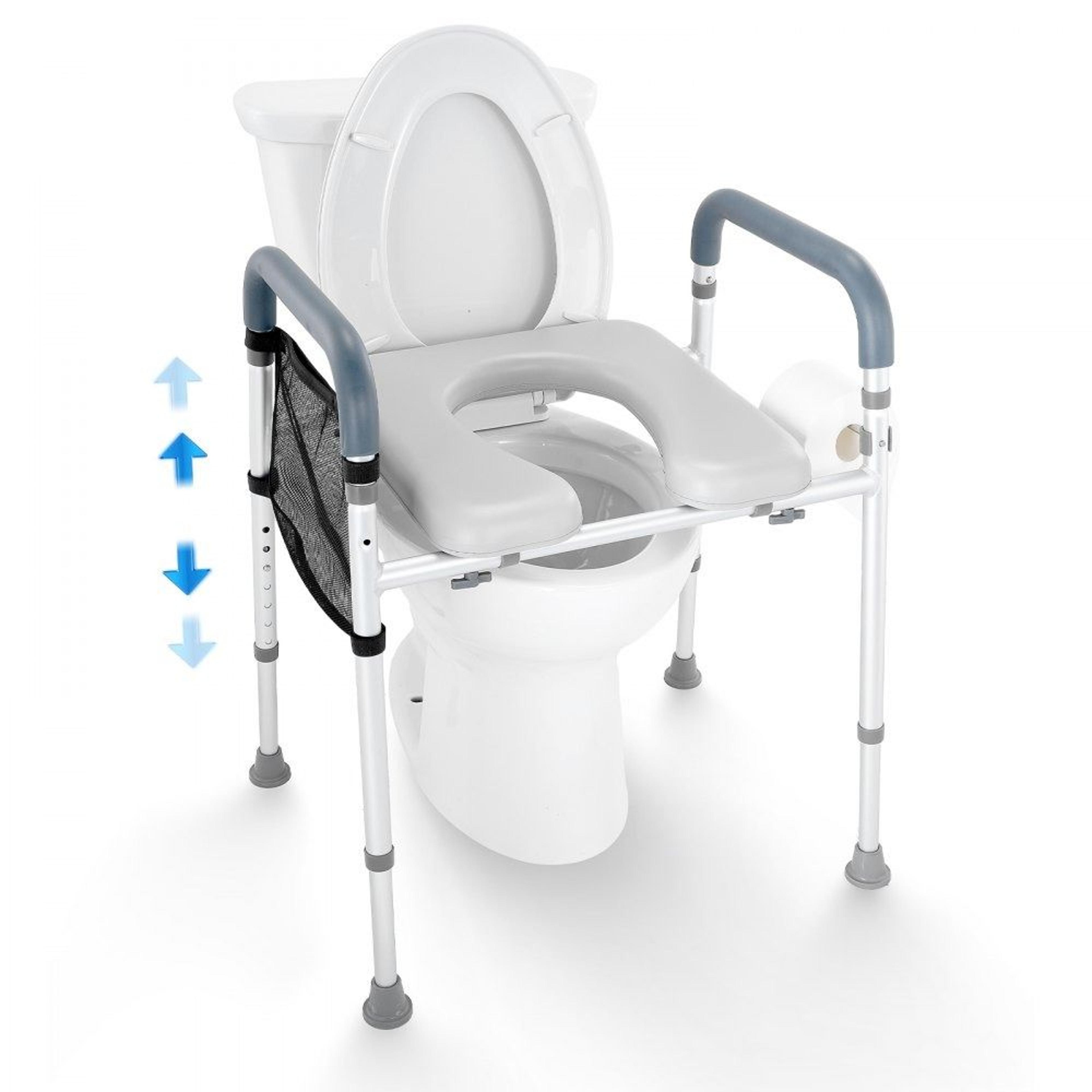 adjustable raised toilet seat with padded safety frame for seniors
