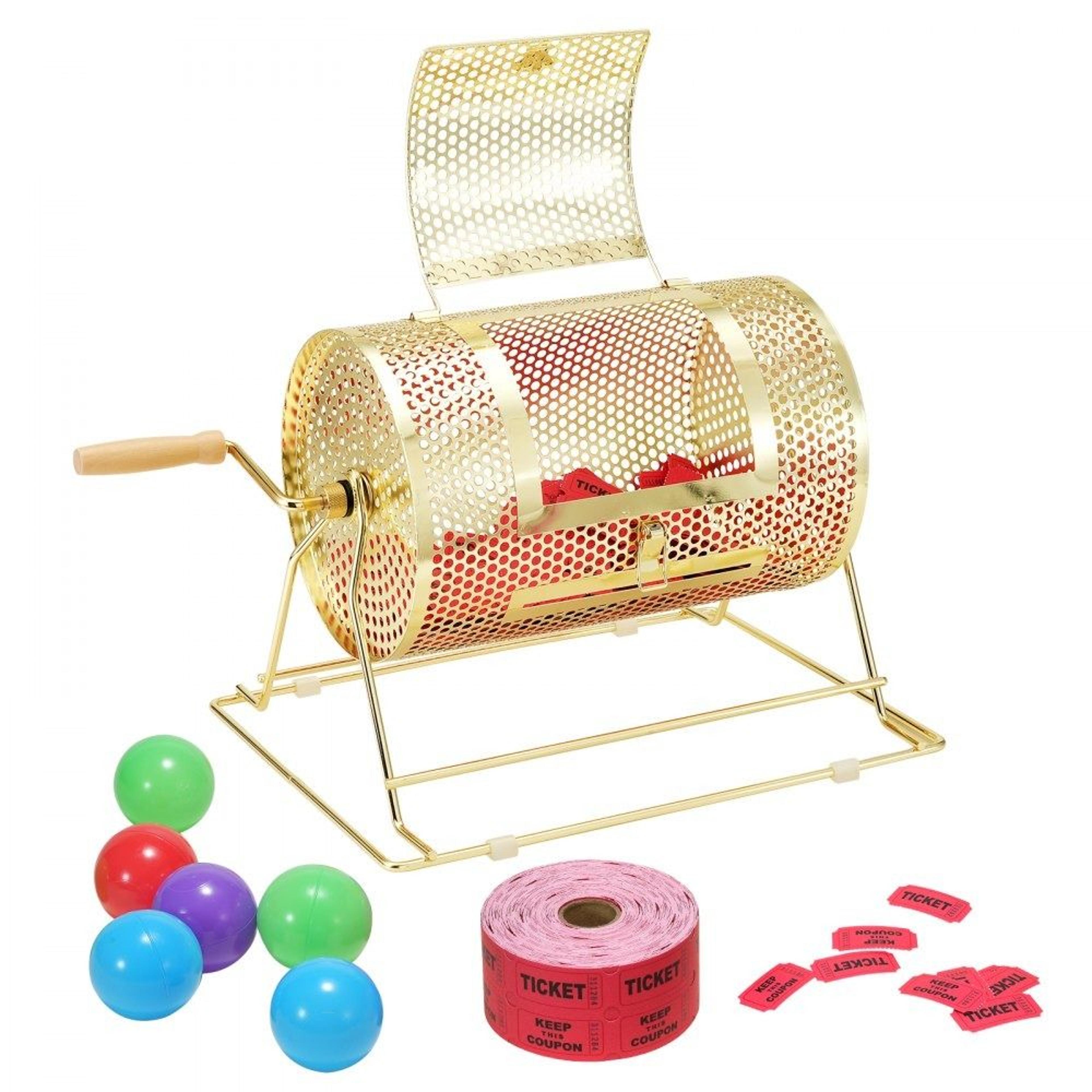 brass plated raffle drum with large capacity ticket spinning cage and wooden handle