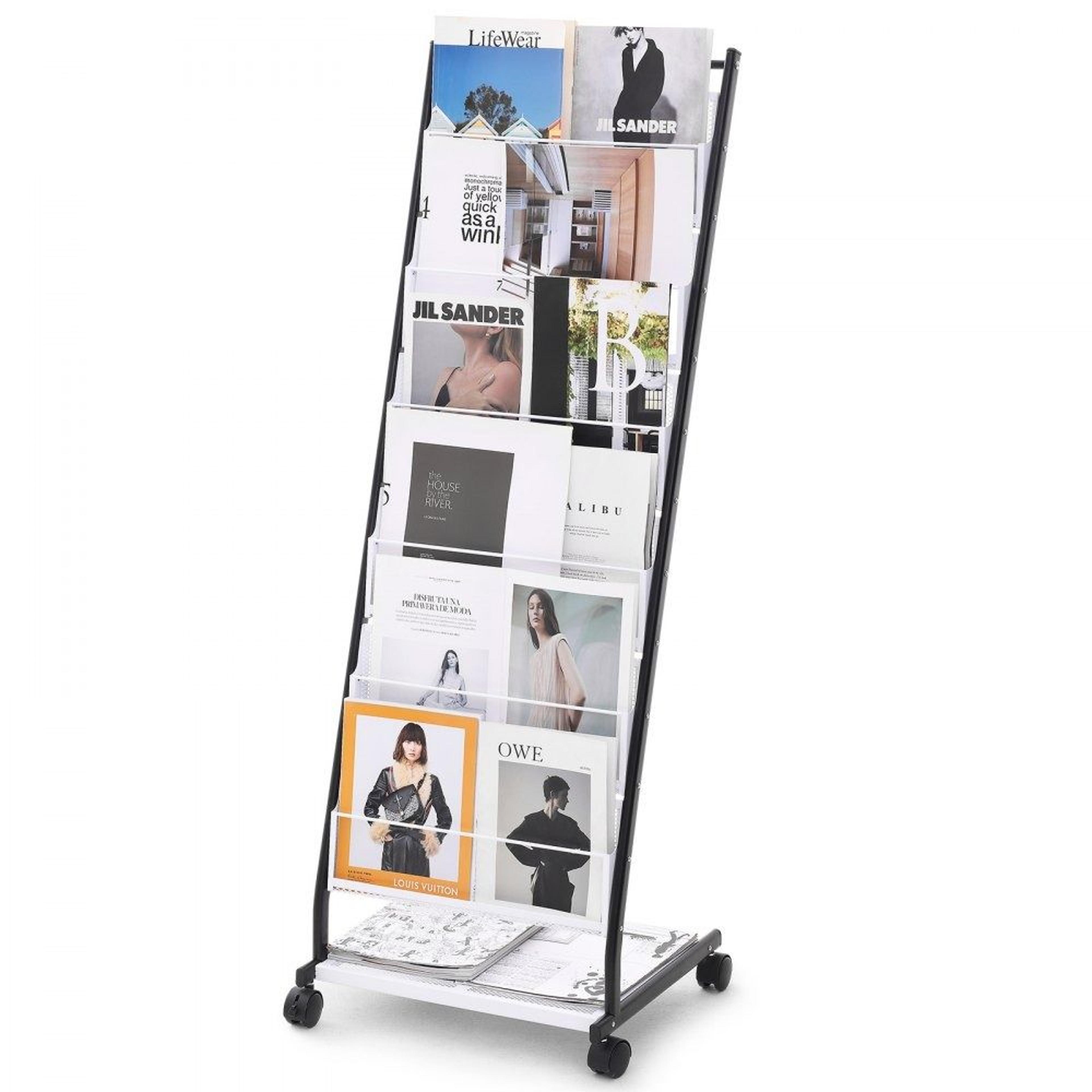 6 tier brochure display rack floor standing magazine literature stand with wheels