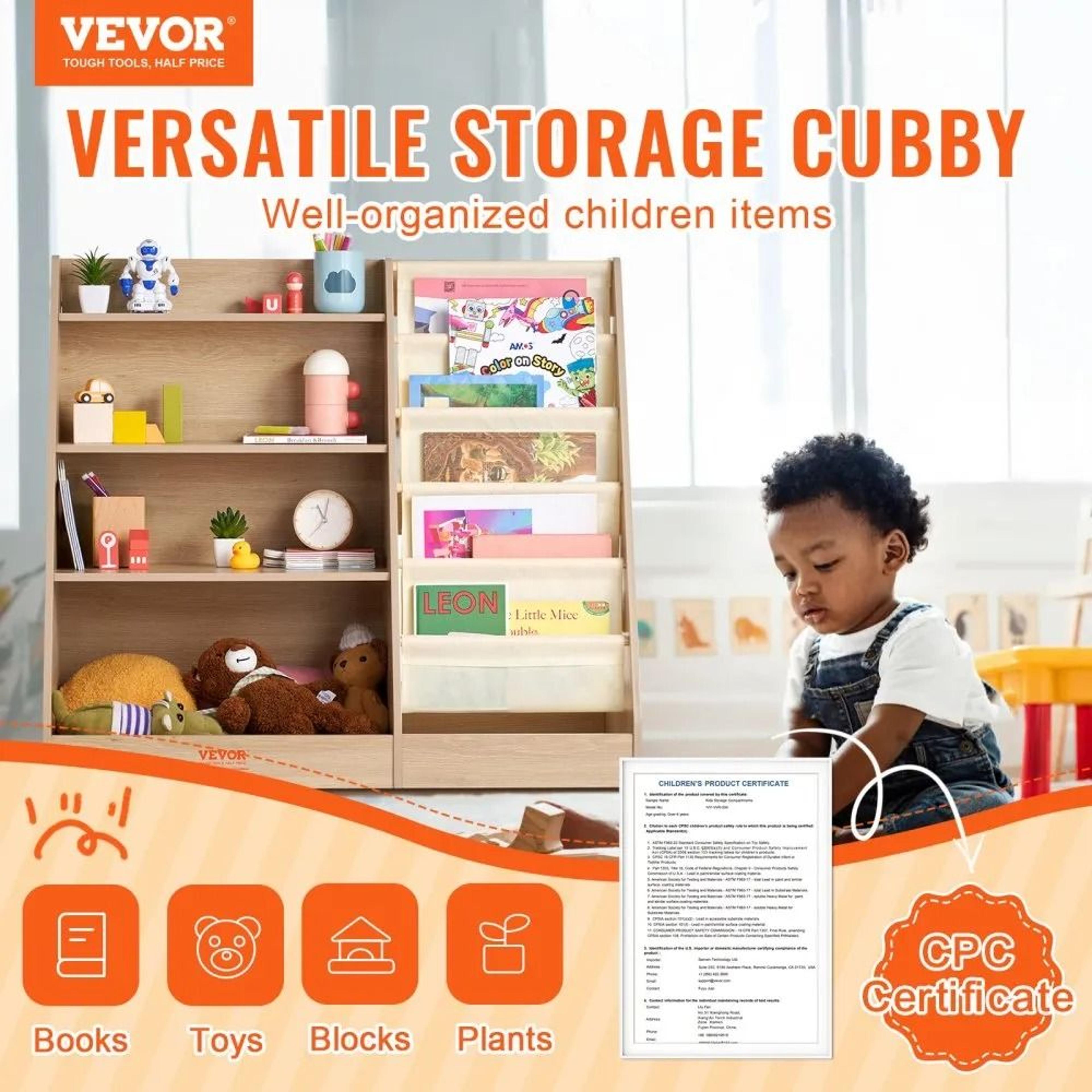 Kids Wooden Bookshelf With Sling Bookcase And Toy Storage Organizer 1