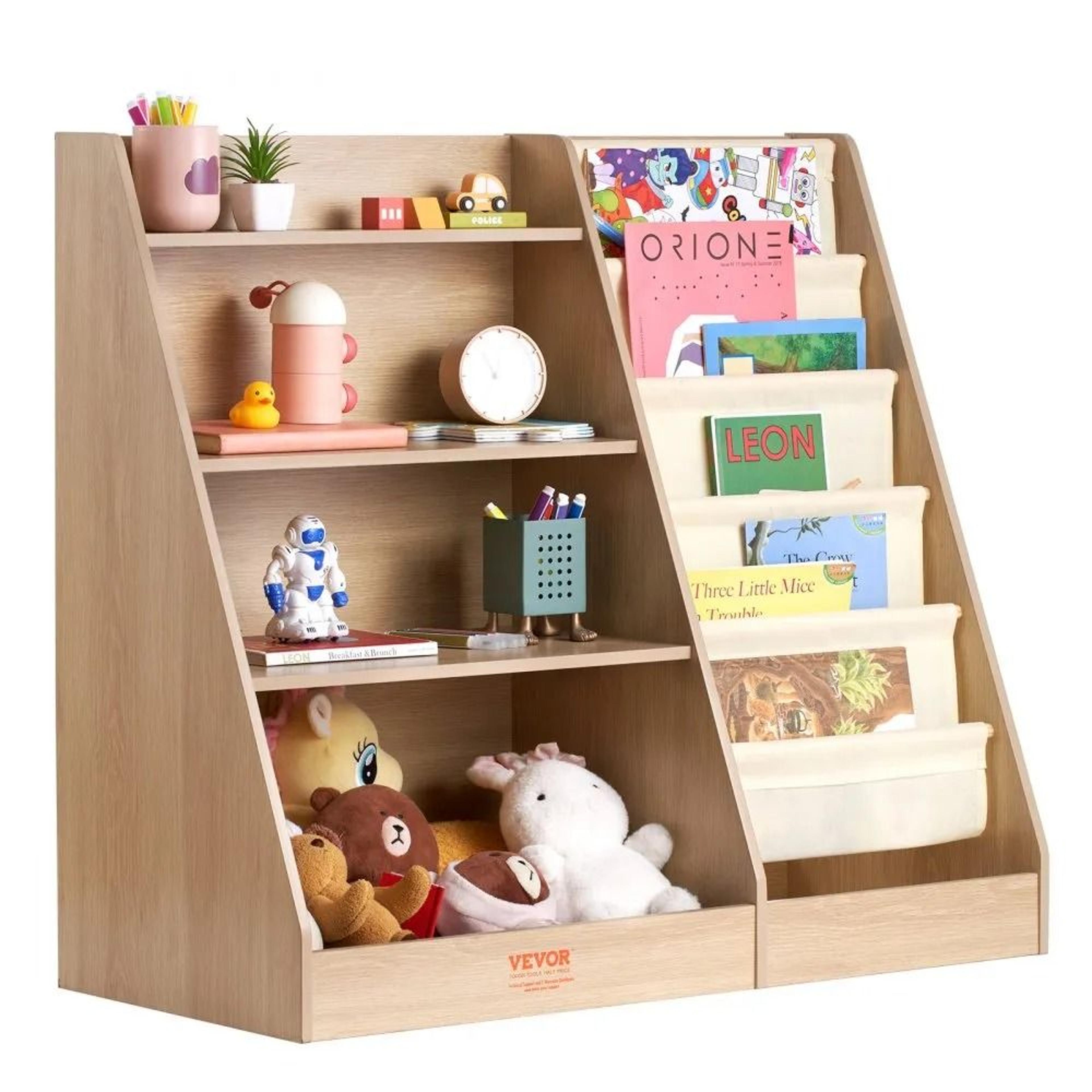 Kids Wooden Bookshelf With Sling Bookcase And Toy Storage Organizer 7