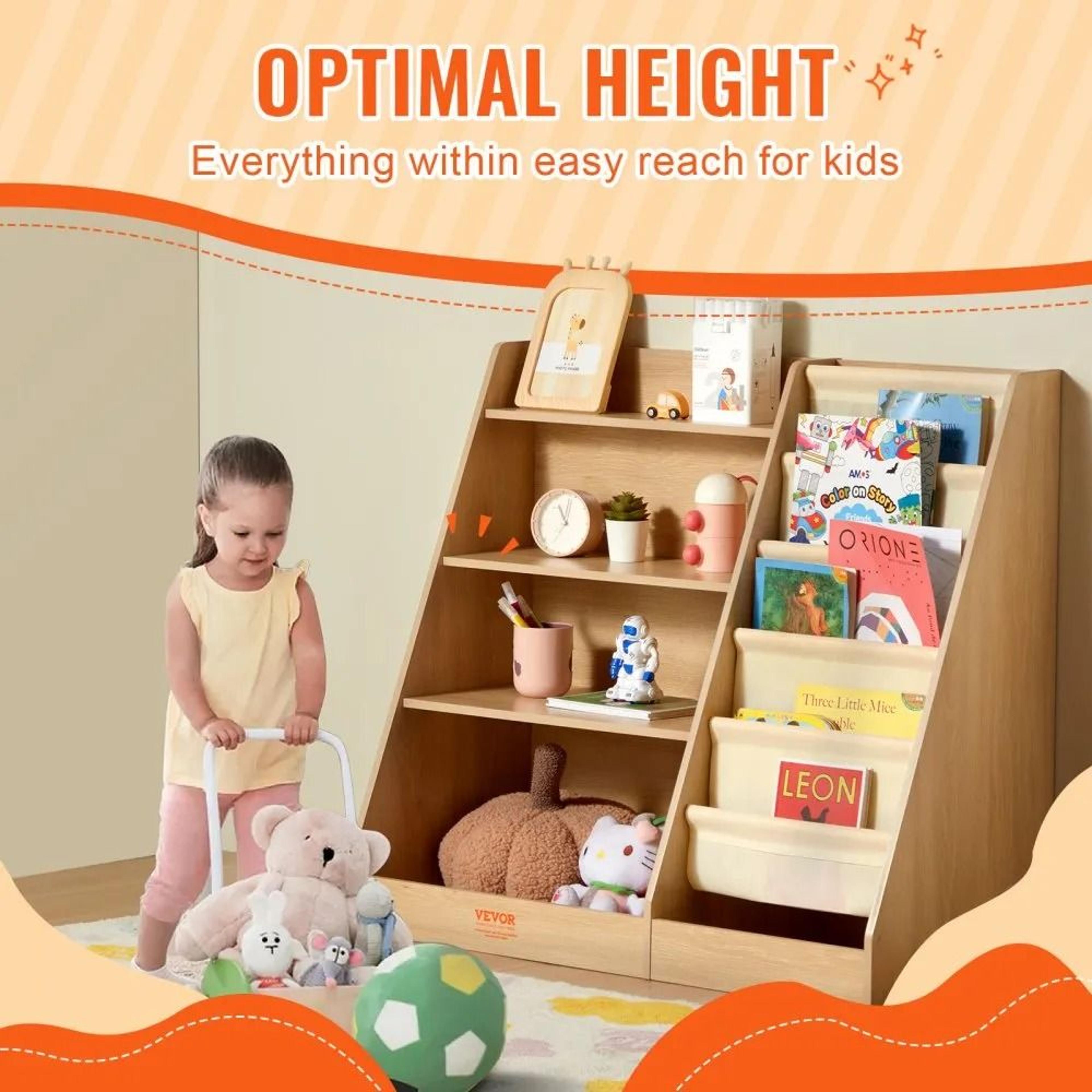 Kids Wooden Bookshelf With Sling Bookcase And Toy Storage Organizer 5
