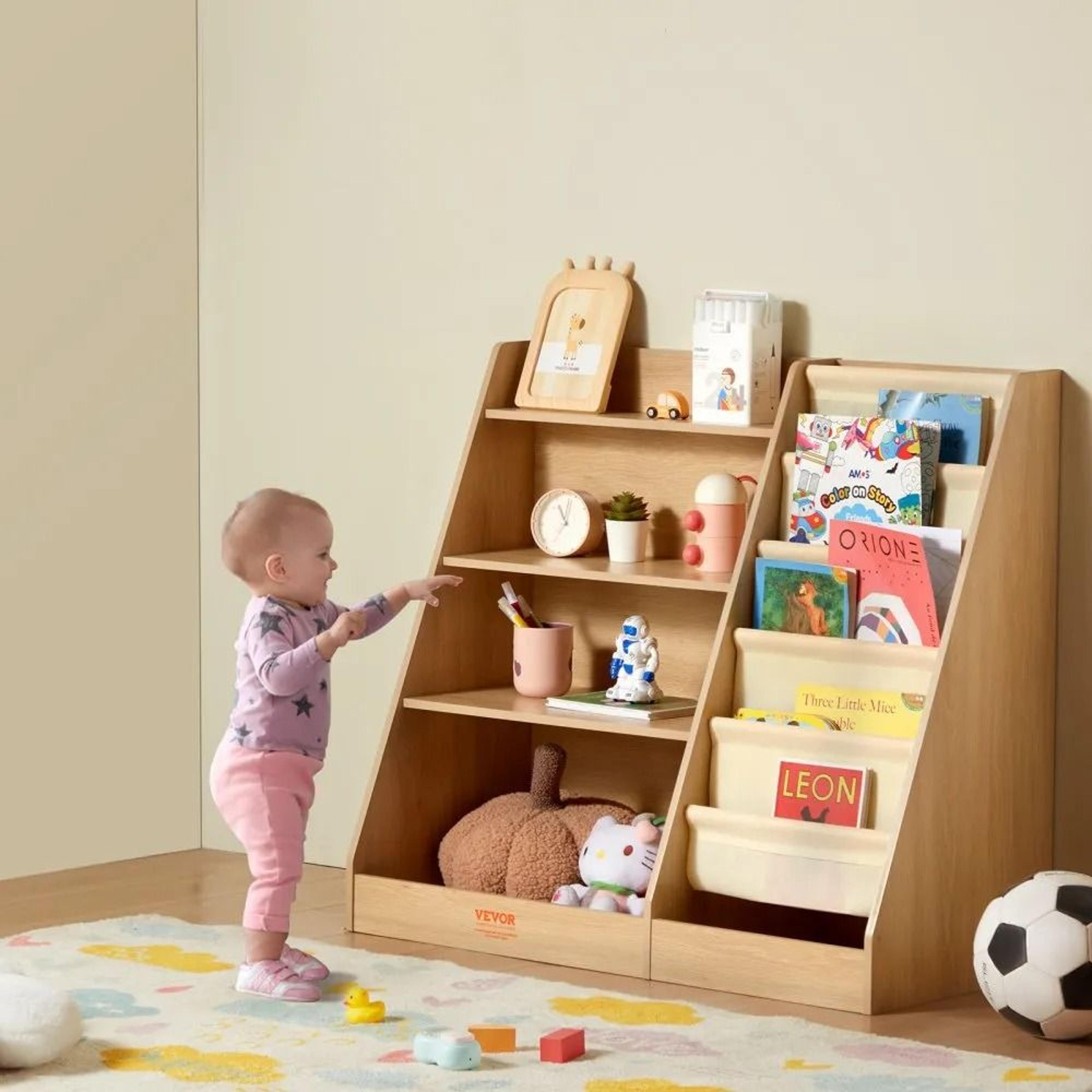 Kids Wooden Bookshelf With Sling Bookcase And Toy Storage Organizer 6