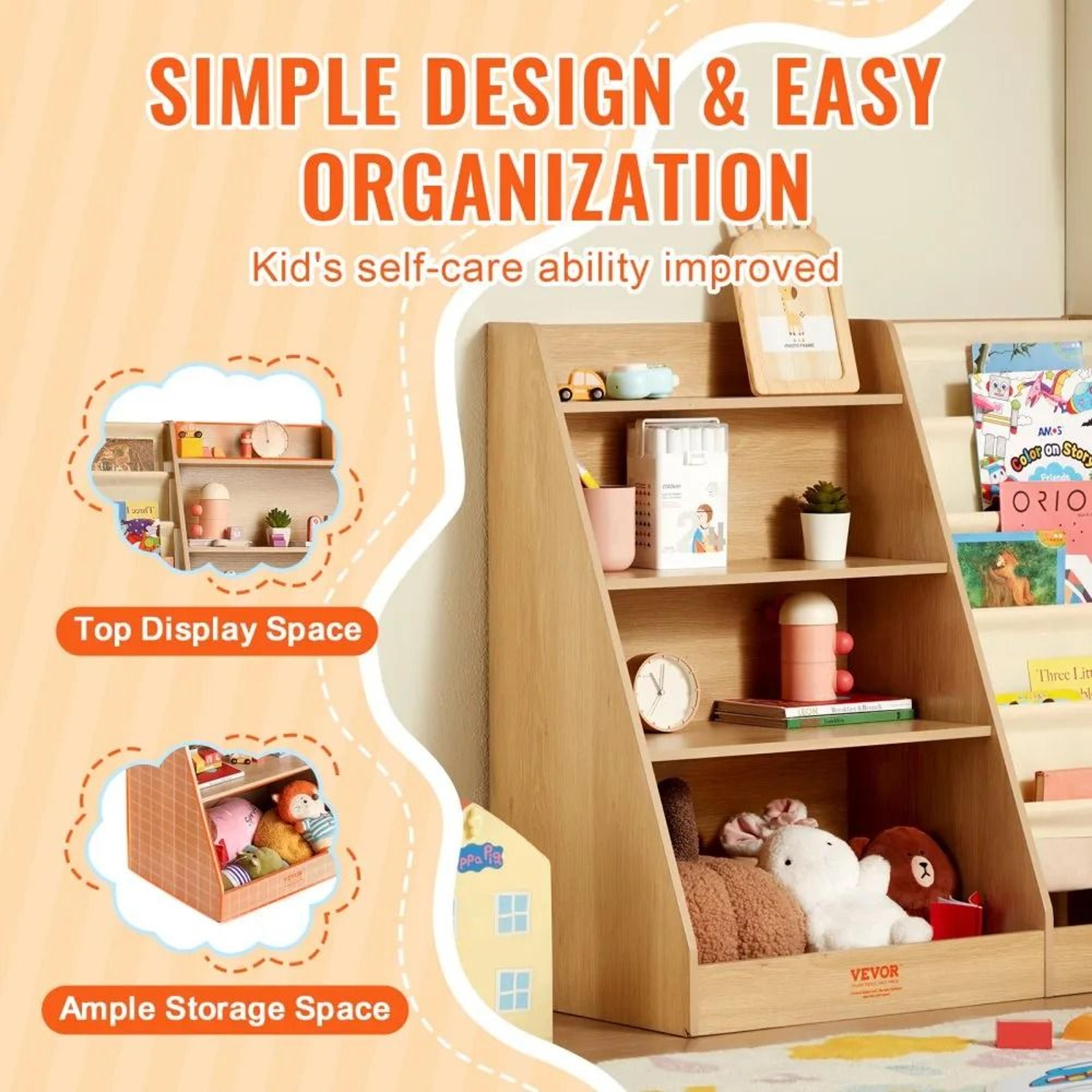 Kids Wooden Bookshelf With Sling Bookcase And Toy Storage Organizer 2