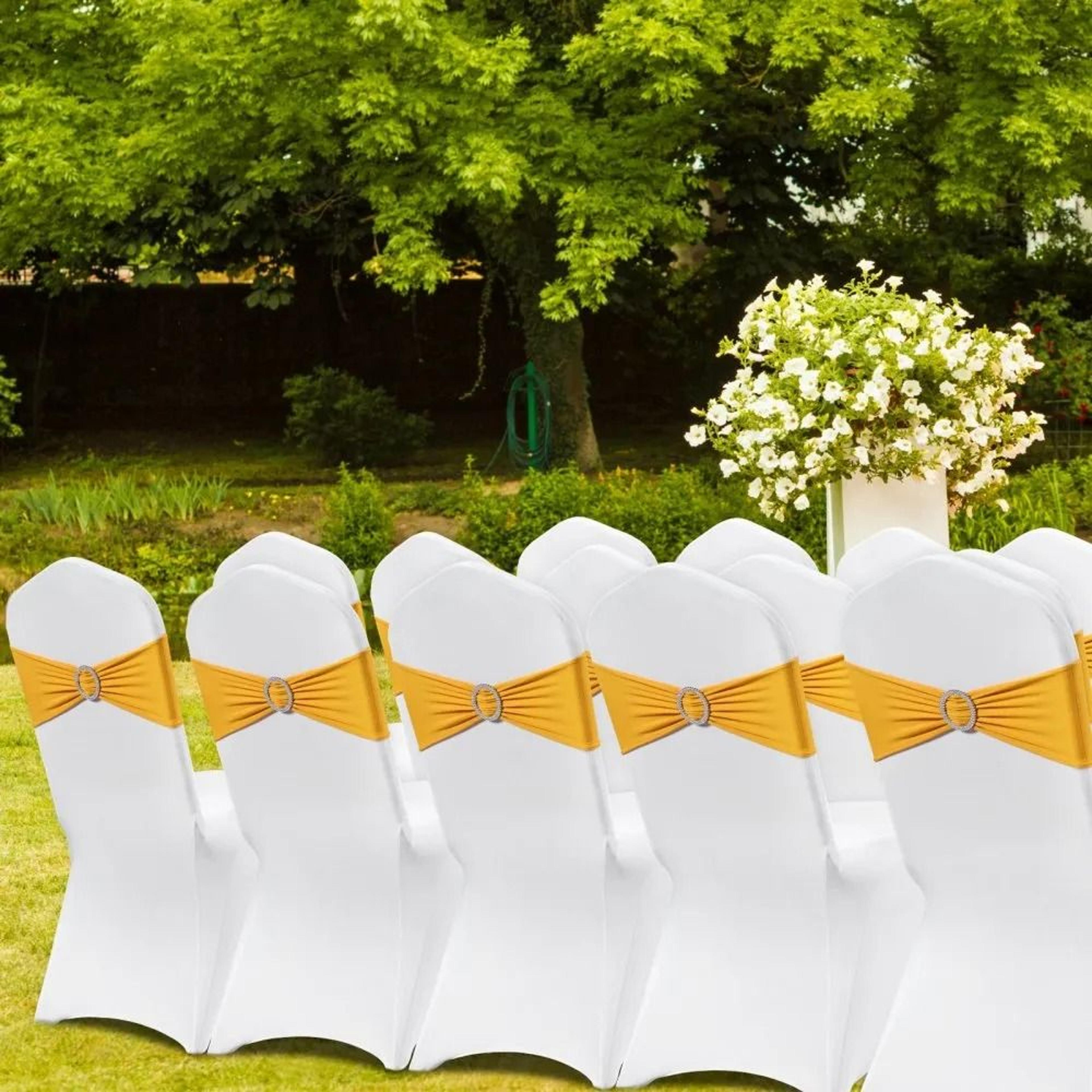 Premium Spandex Folding Chair Covers With Gold Sashes For Weddings And Banquets 6
