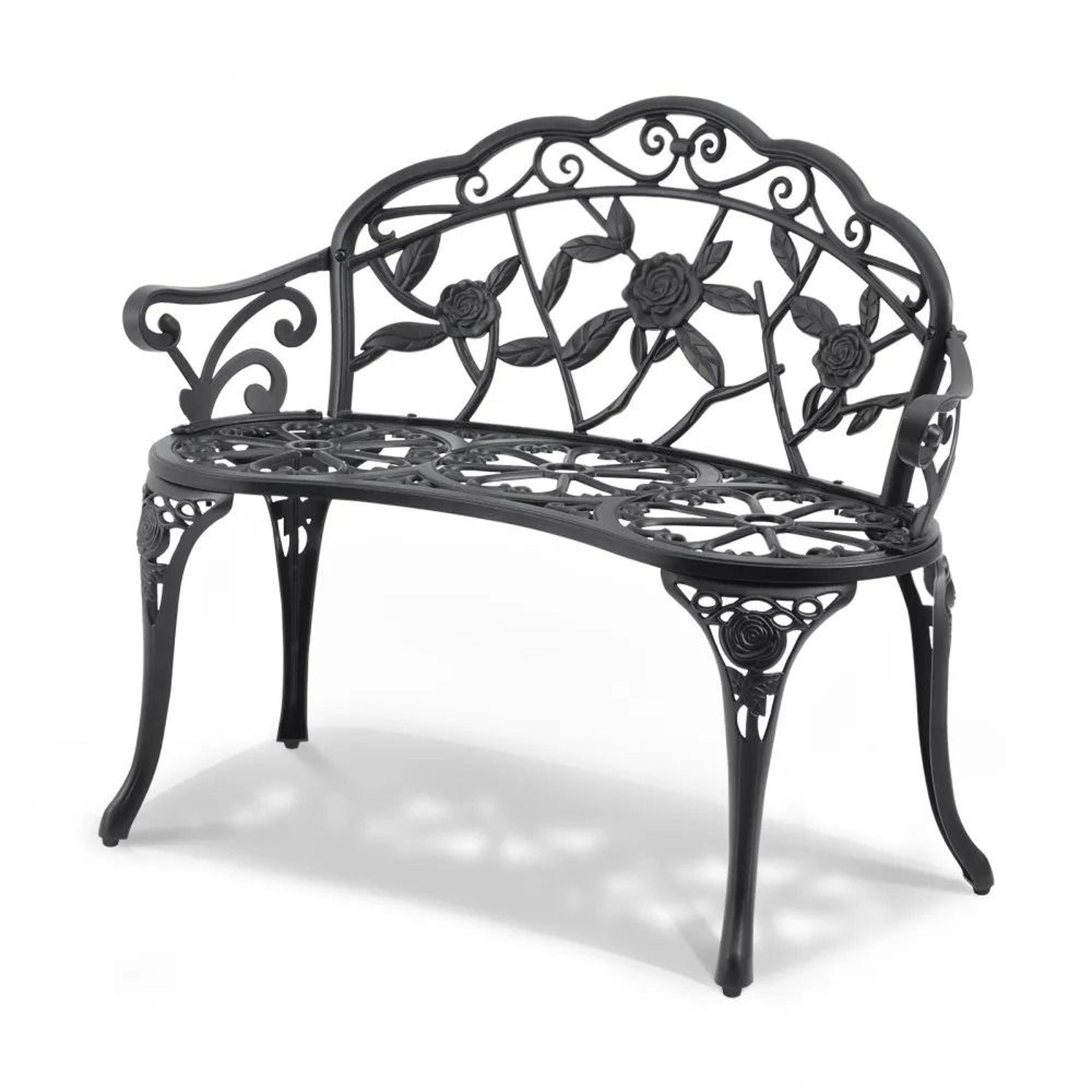 elegant outdoor garden bench with floral backrest and comfortable armrests
