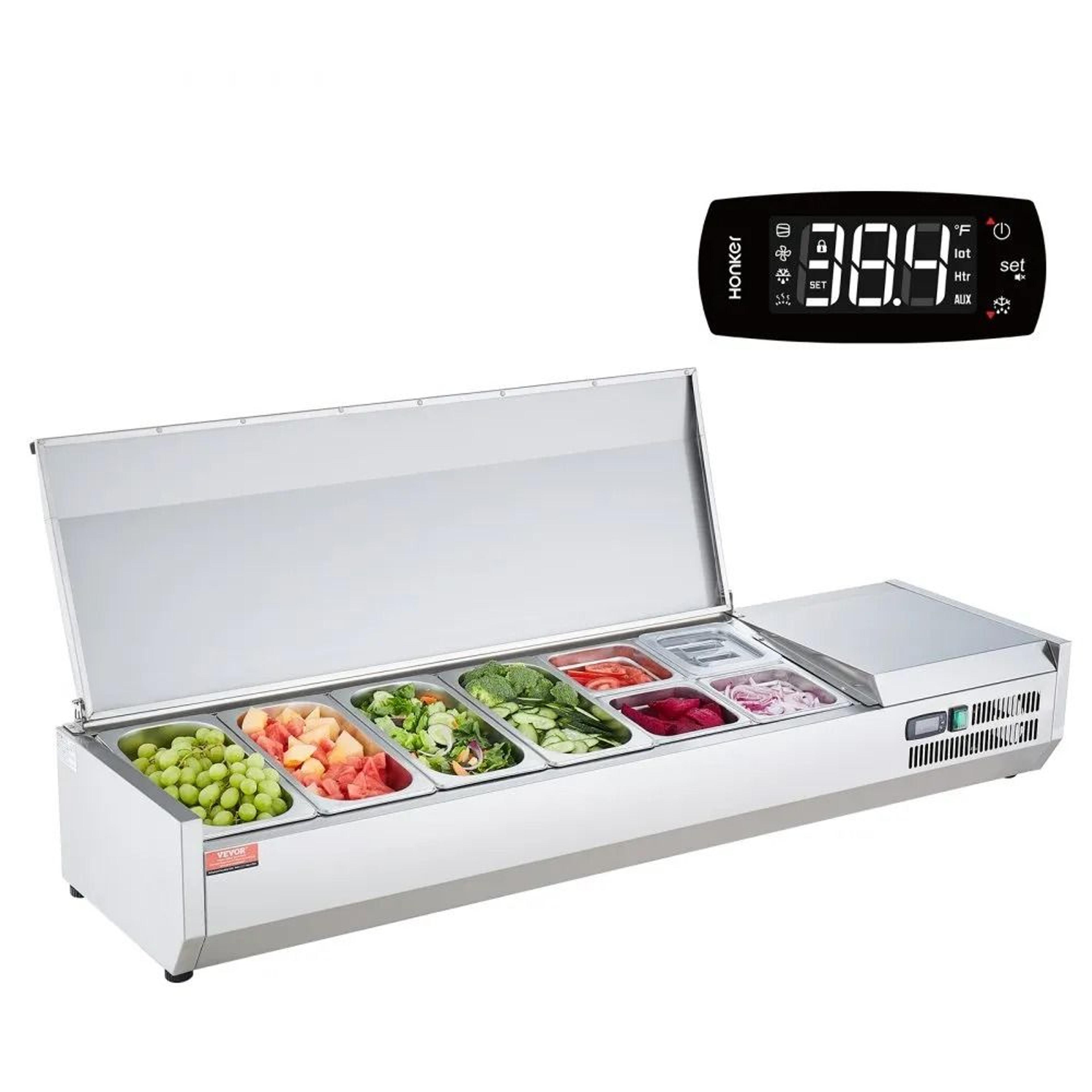 countertop refrigerated condiment prep station with stainless steel body and multi pan storage