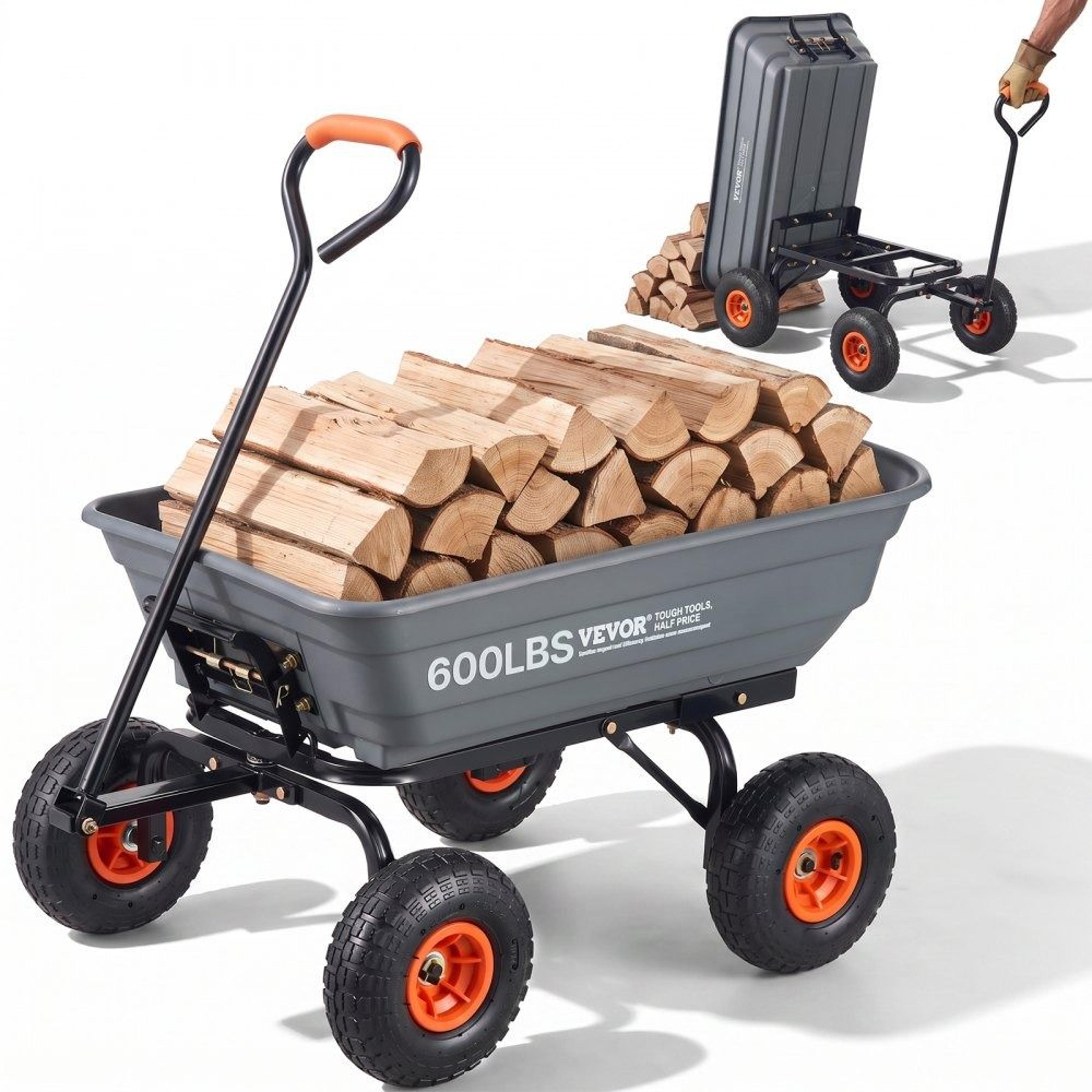 heavy duty garden dump cart utility wagon with 600 lb capacity and 10 inch wheels