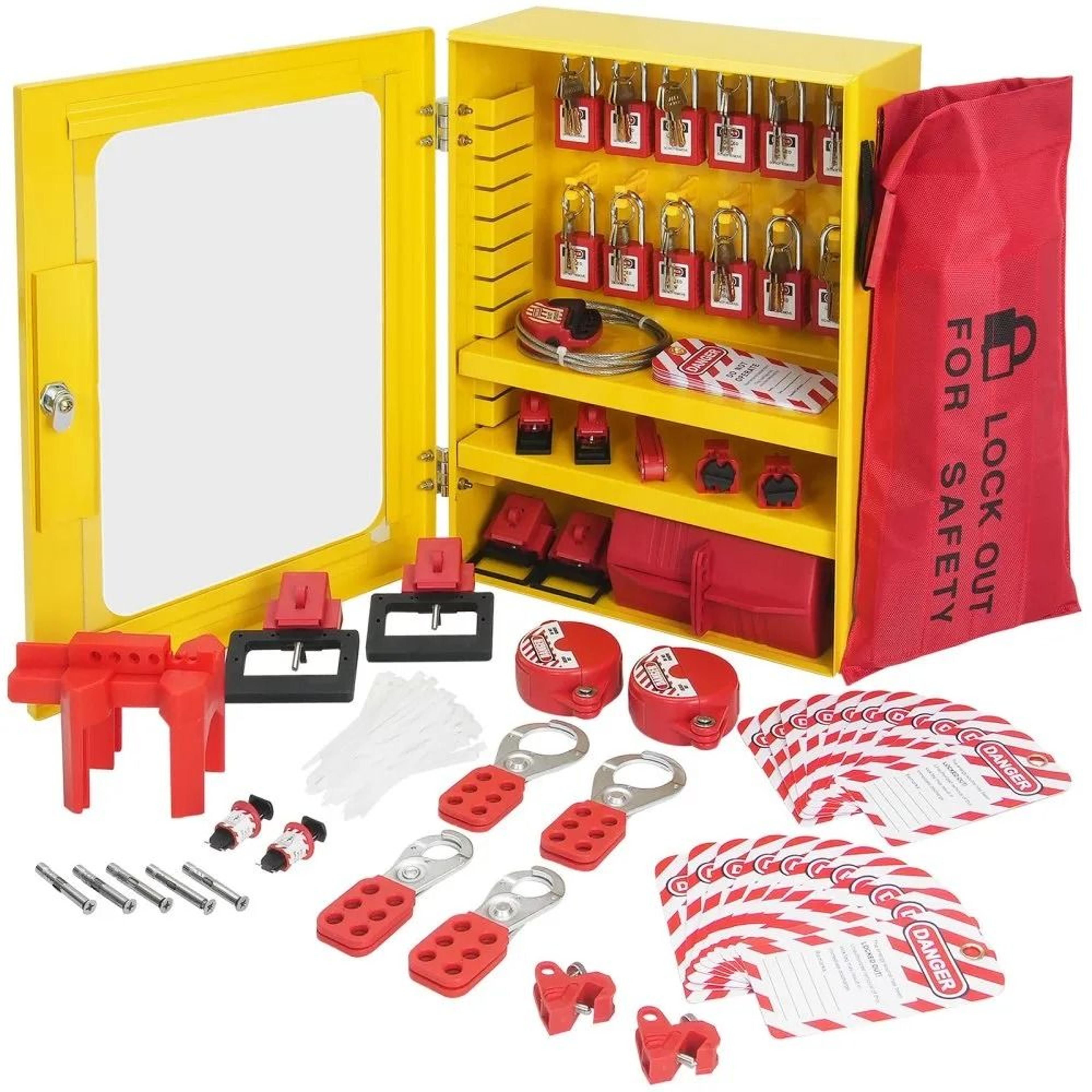 59 piece electrical lockout tagout kit with safety padlocks circuit breaker and valve lockouts