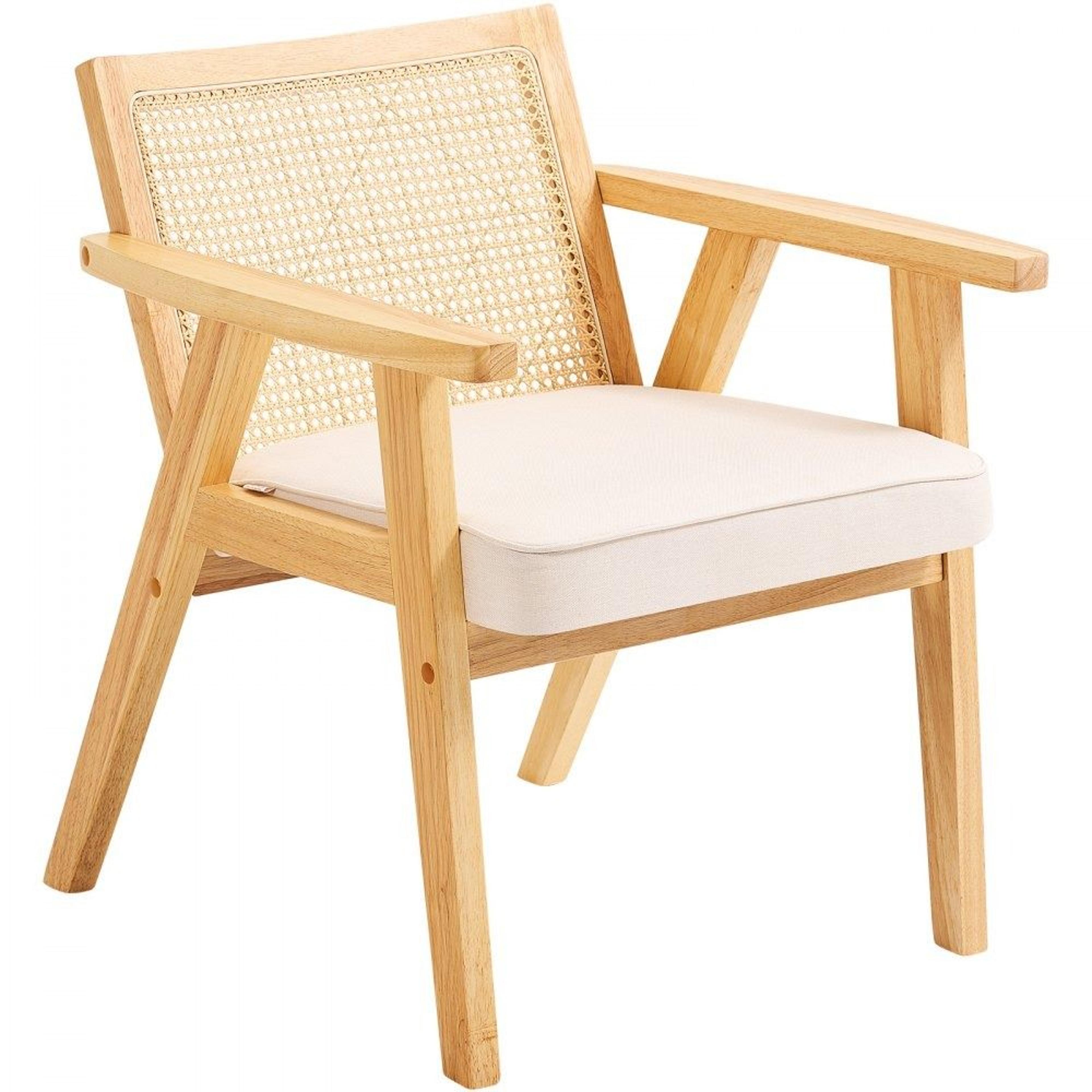 mid century modern rattan accent chair with upholstered seat and solid wood frame