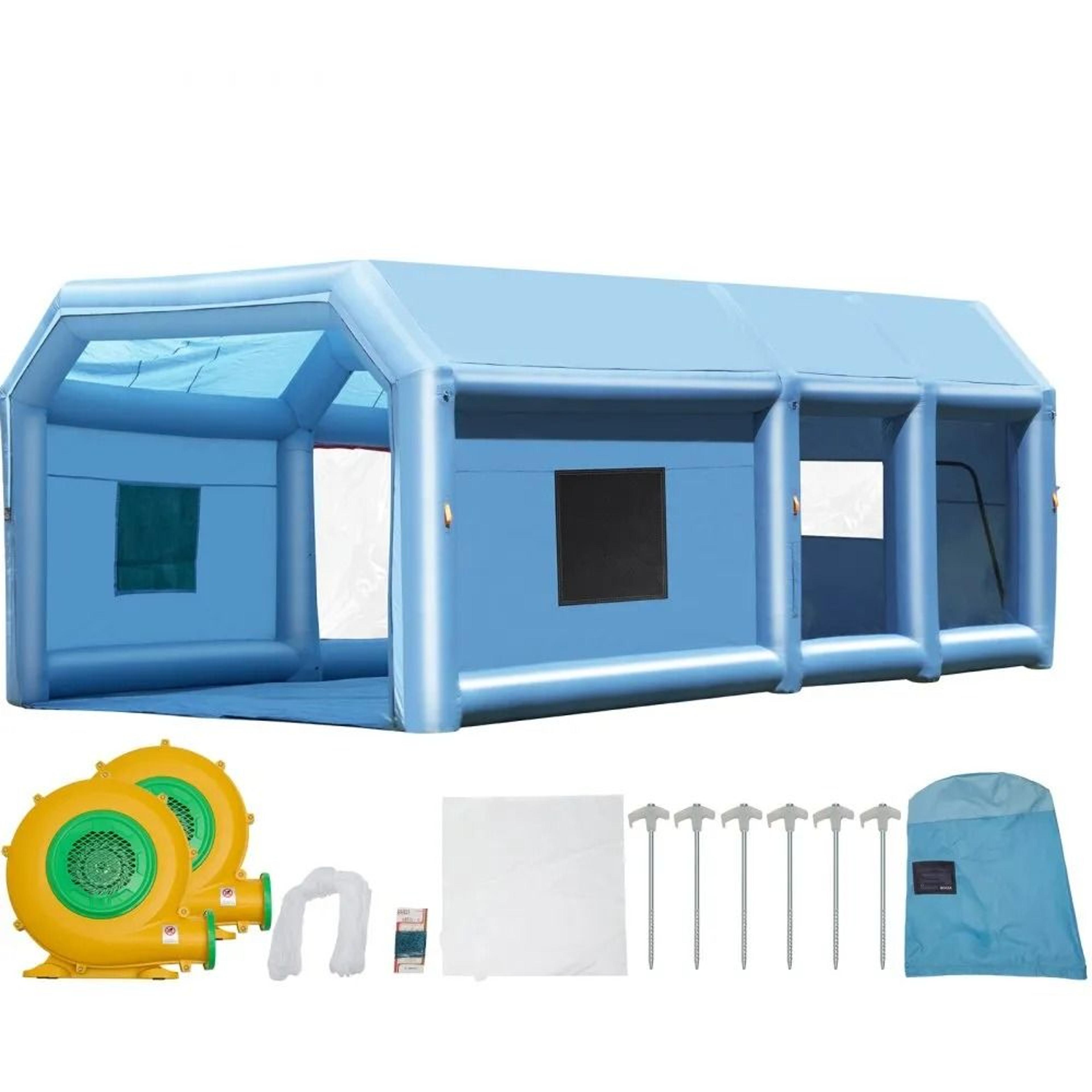 portable inflatable paint booth with dual blowers air filtration and spacious vehicle spray workspace