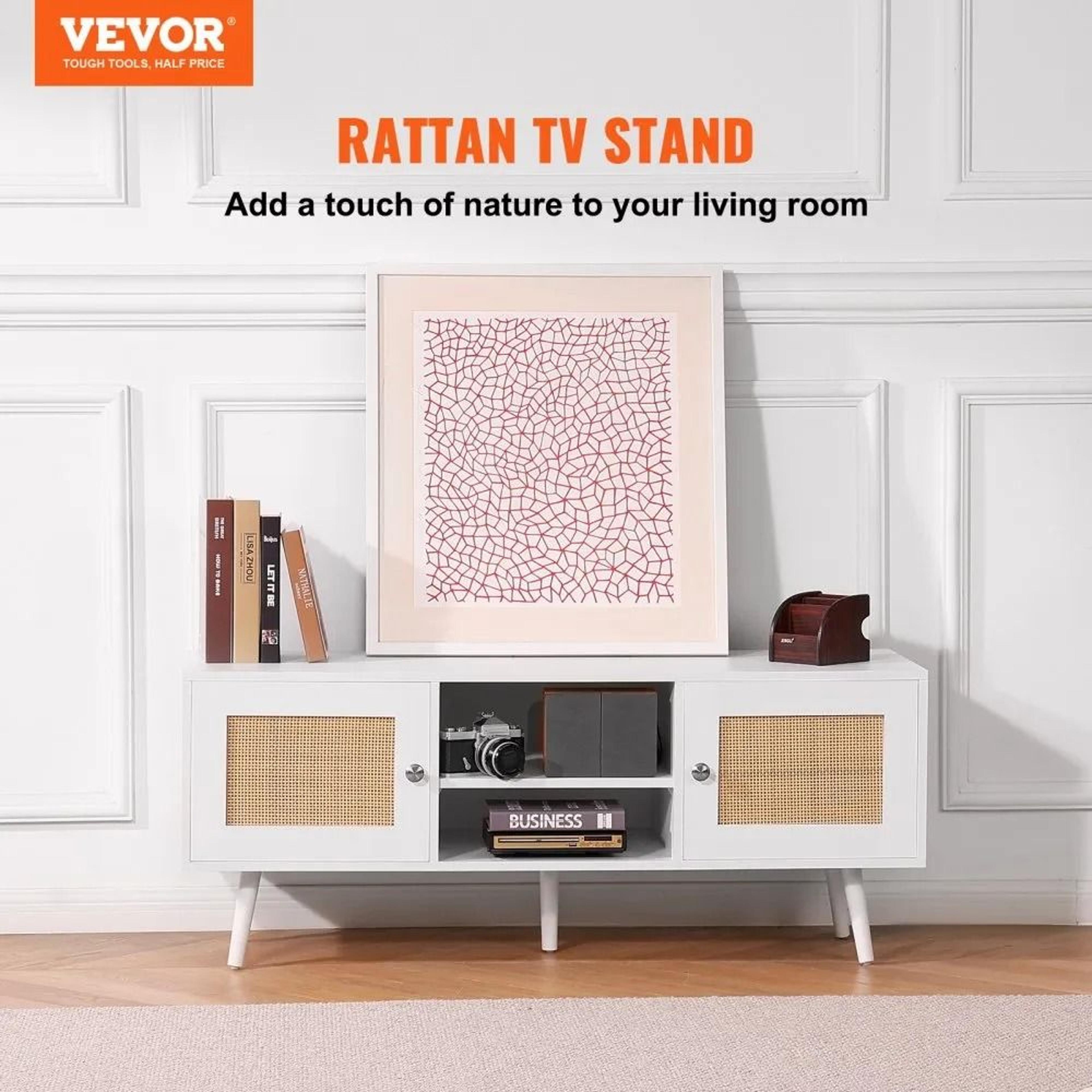 Rattan TV Stand For 55 Inch TV Boho TV Stand With Adjustable Storage And Cable Management 3