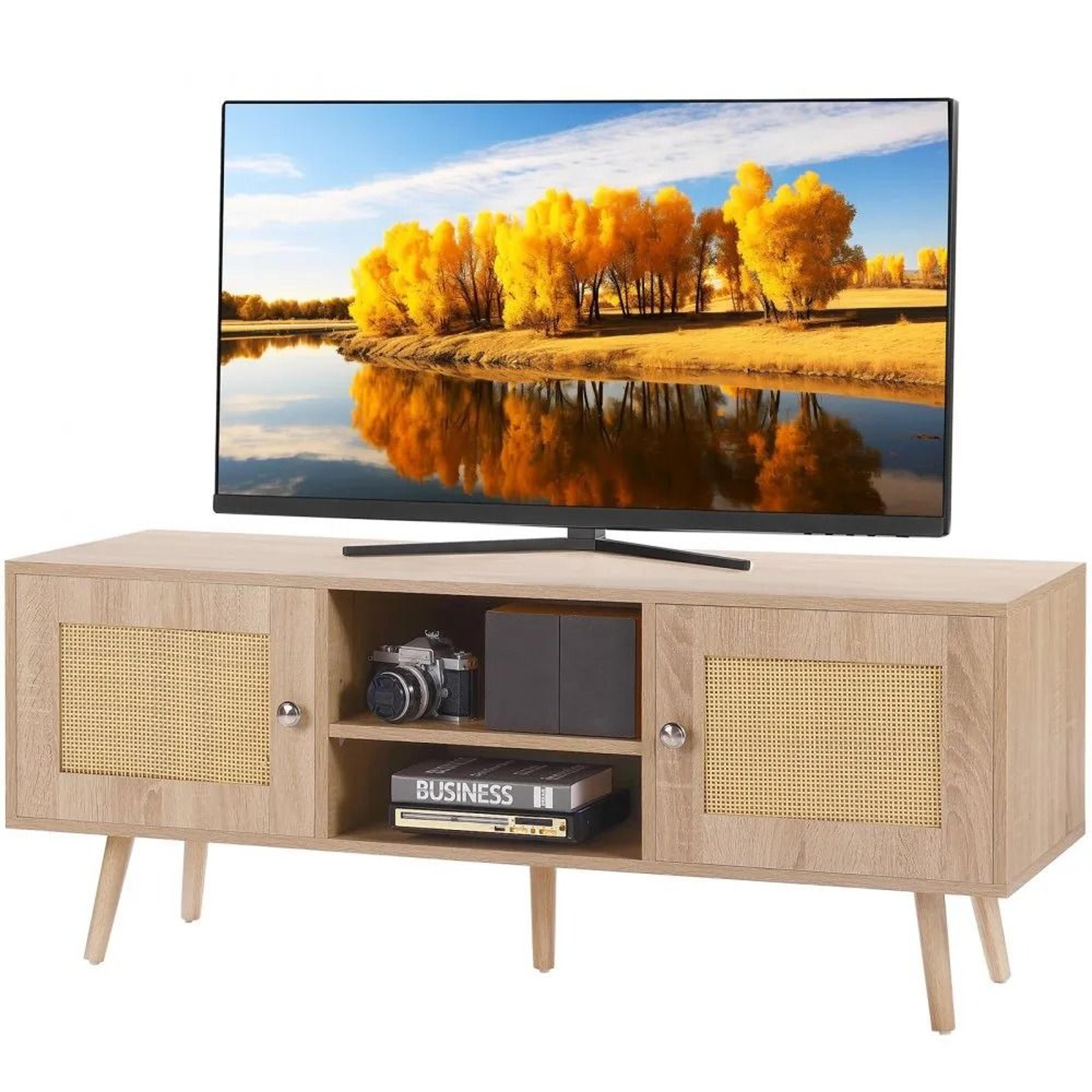 rattan tv stand boho tv cabinet mid century modern entertainment console with adjustable storage