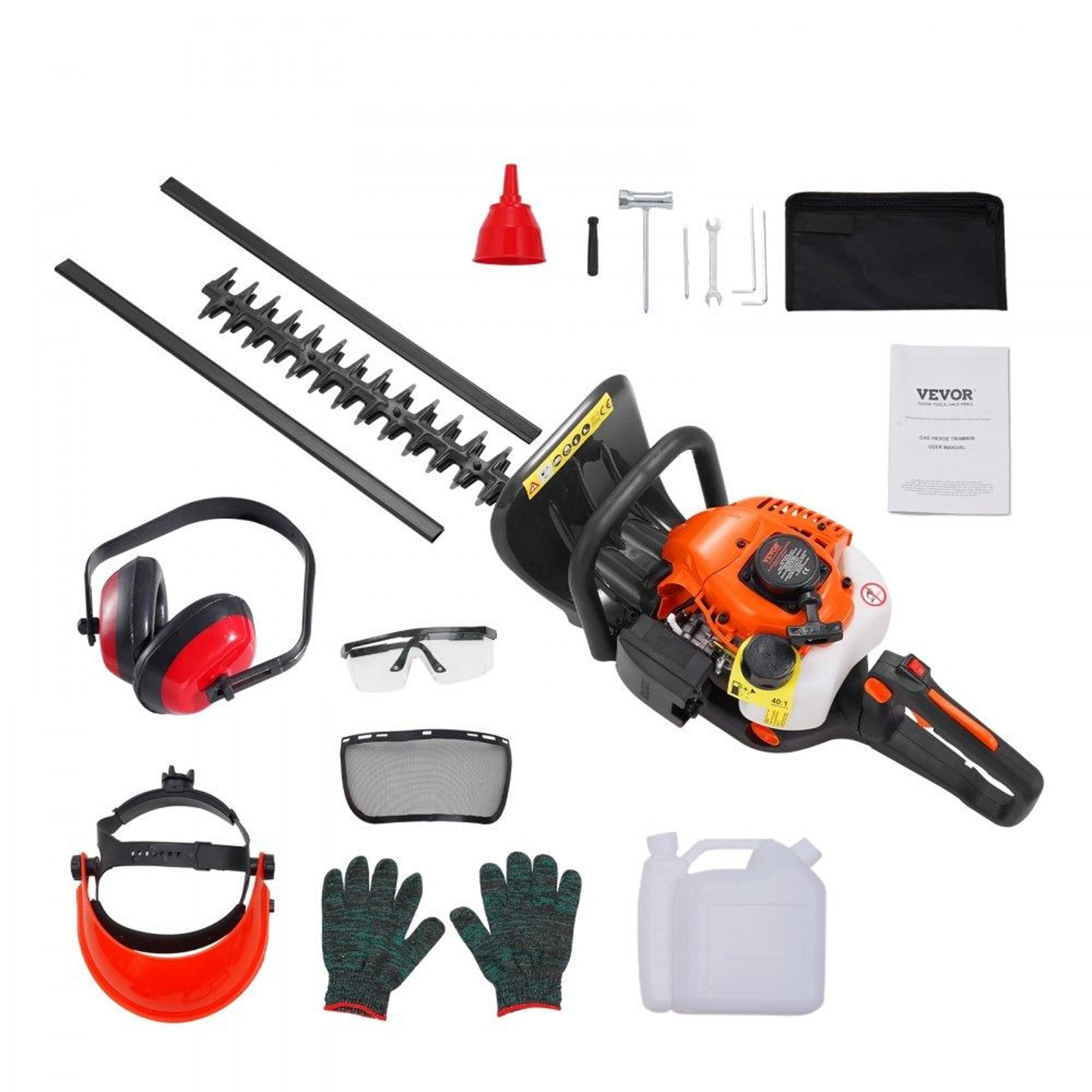 26cc gas hedge trimmer with 23.2 inch dual action blade and 180 degree adjustable head