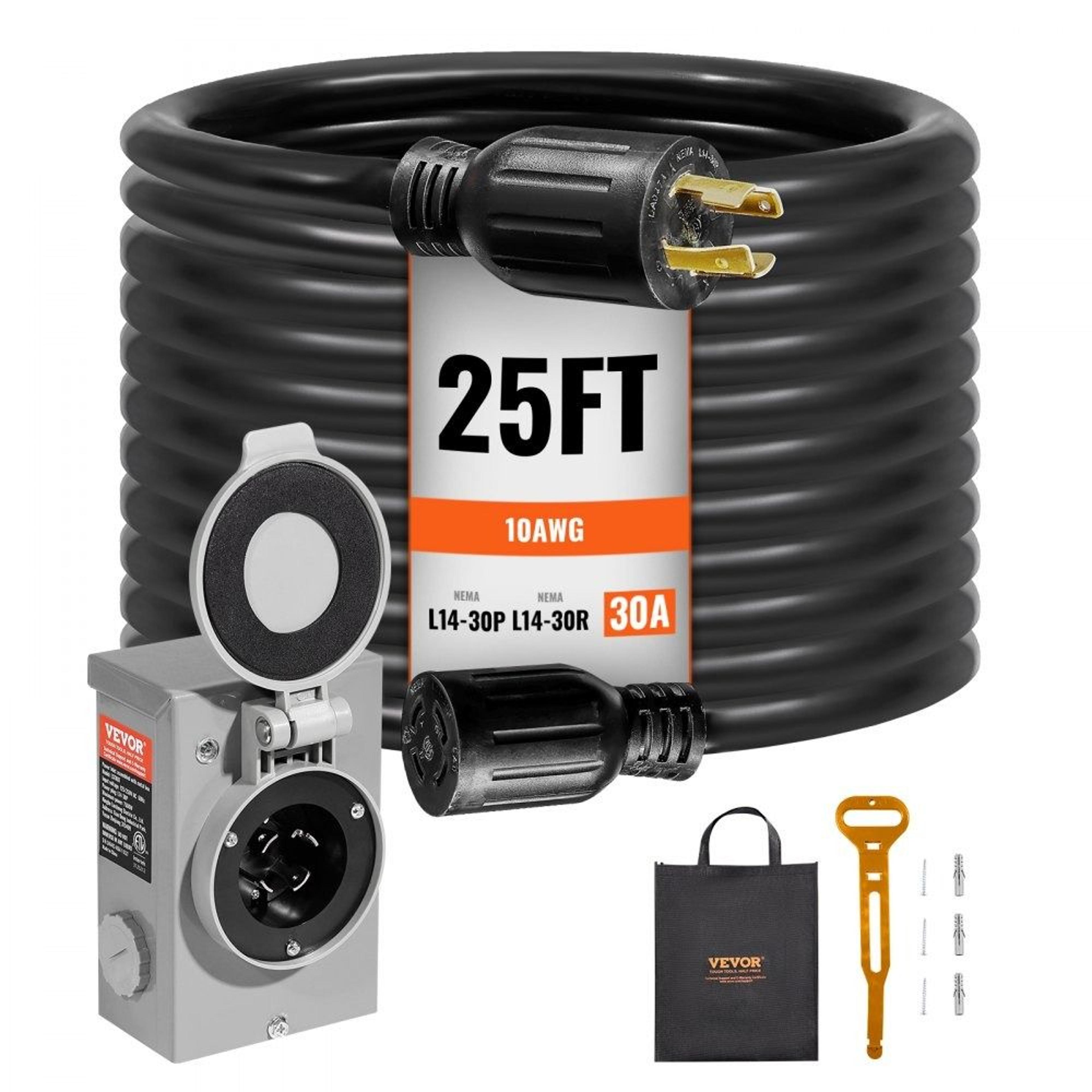 30 amp generator cord kit 25 ft with power inlet box nema l14 30 twist lock