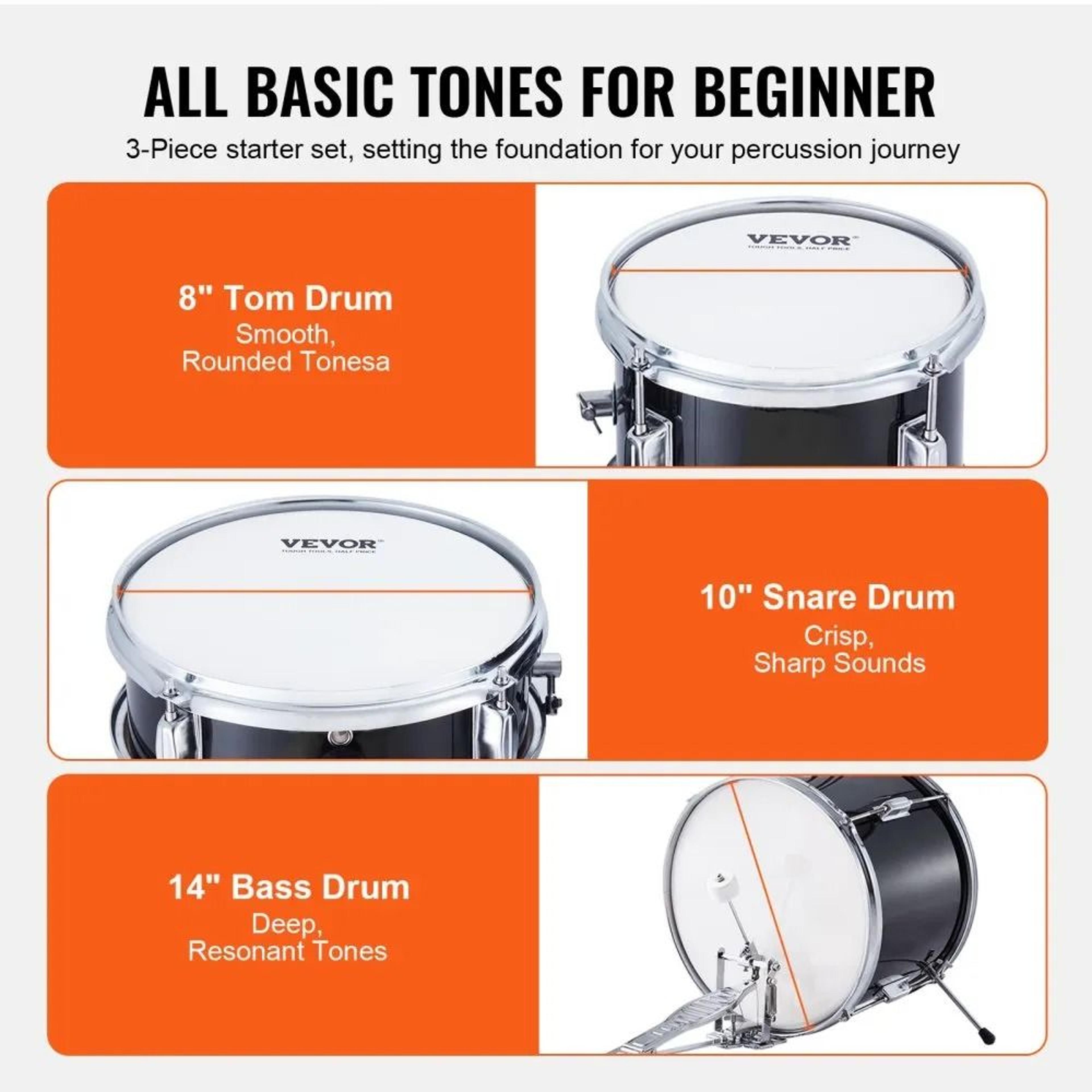 Kids Beginner Drum Set 3 Piece Junior Starter Drum Kit With Adjustable Throne 6