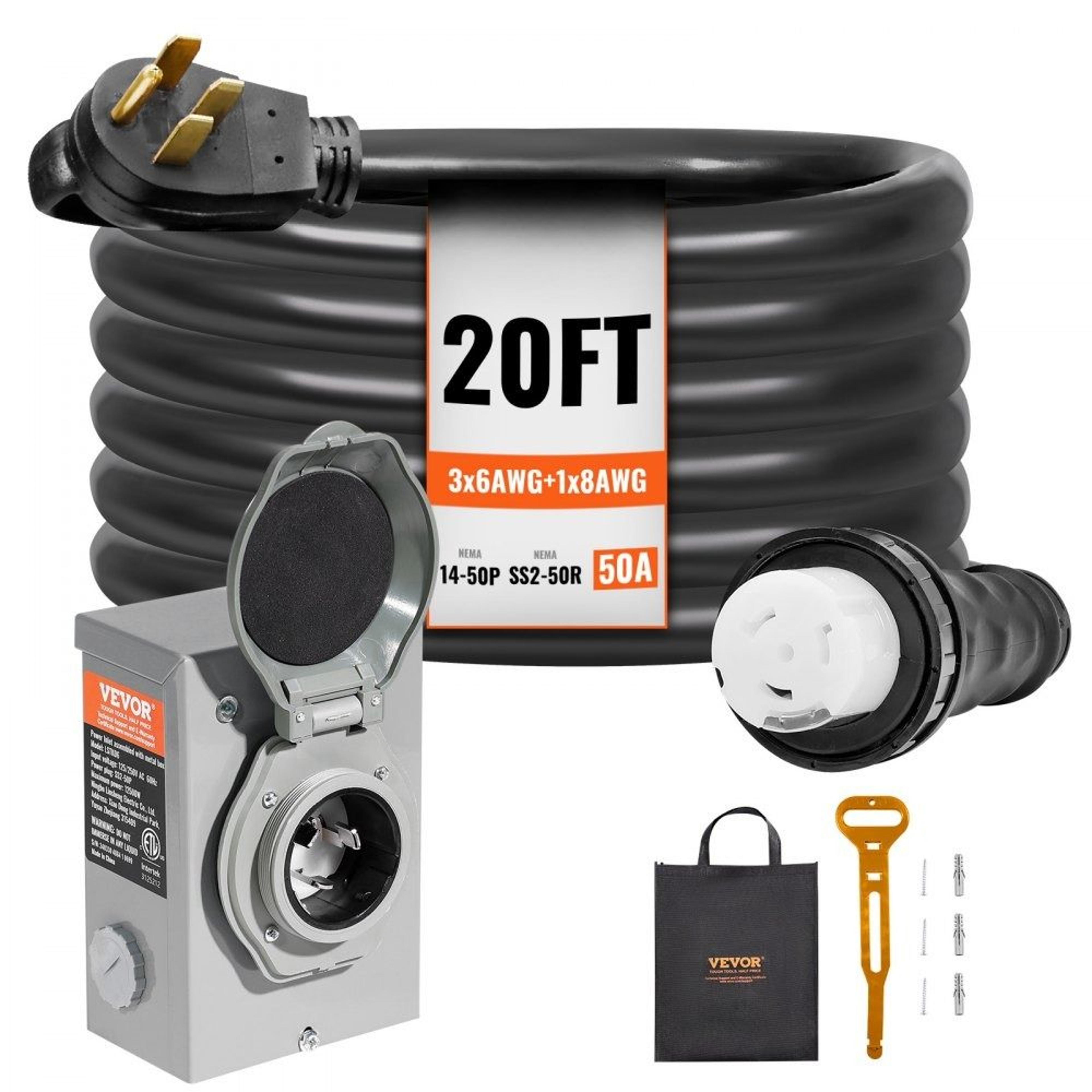 50 amp generator cord and power inlet box kit 20ft heavy duty twist lock backup power cable