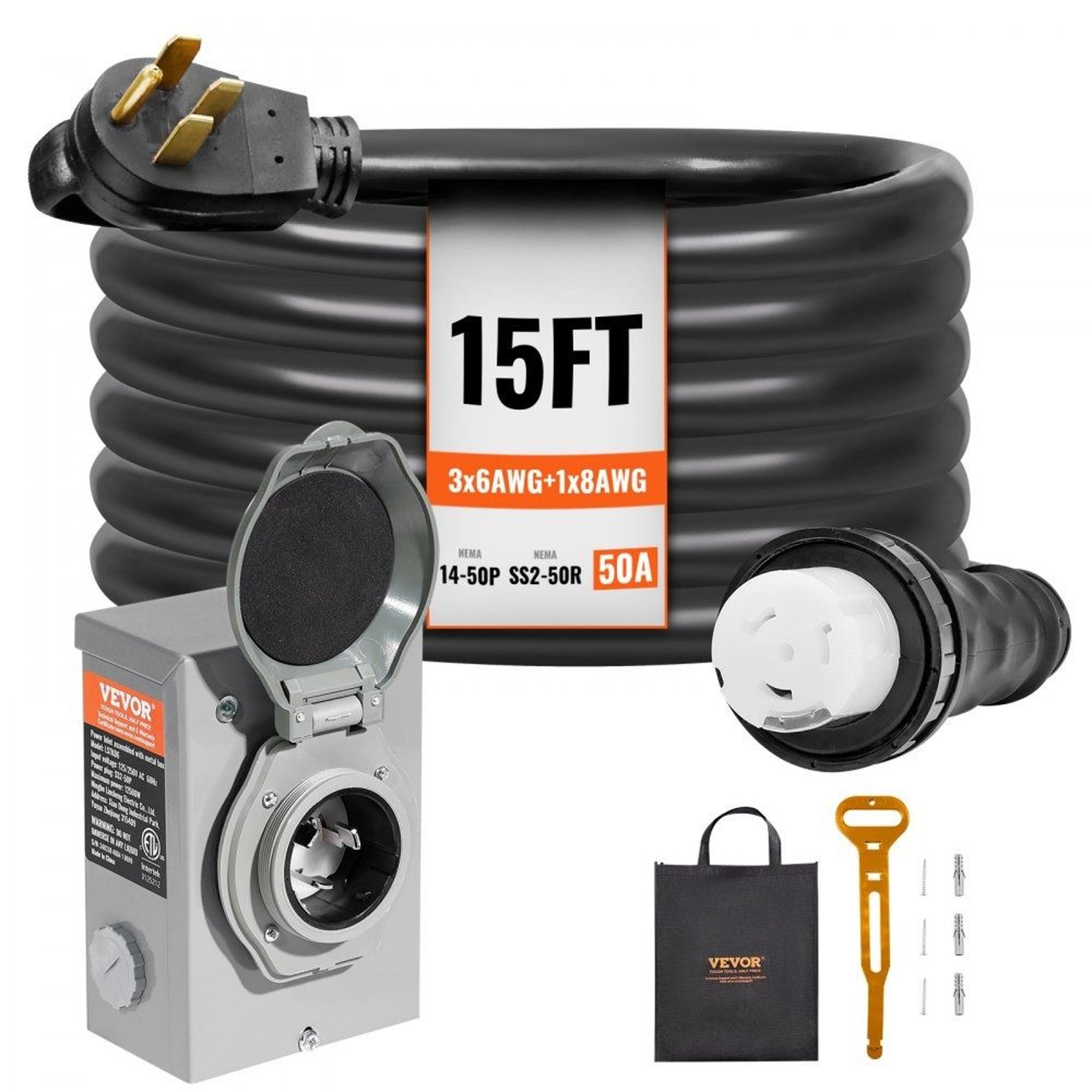 50 amp generator cord and power inlet box kit 15ft heavy duty twist lock backup power cable