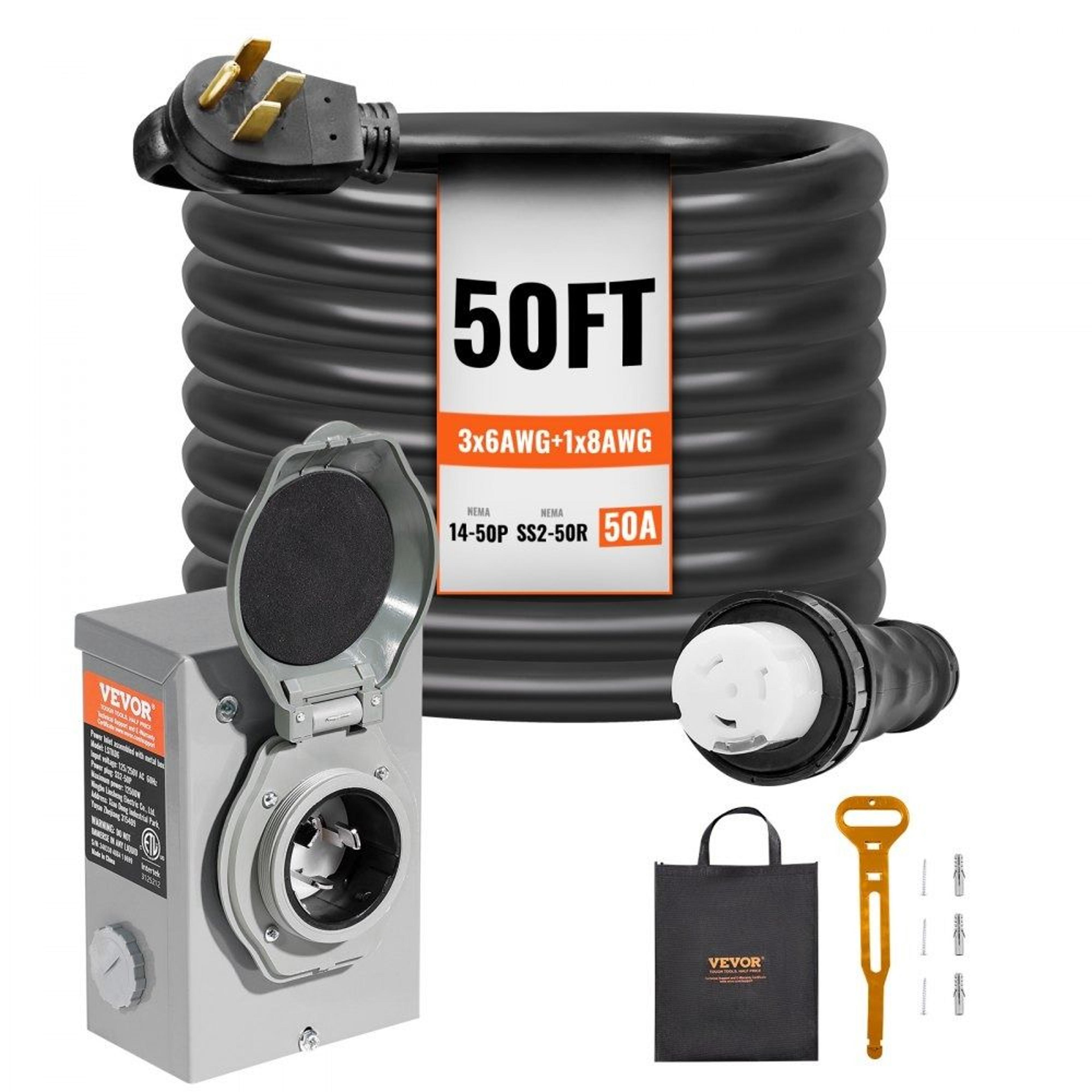 50 amp generator cord 50ft with power inlet box twist lock backup power kit