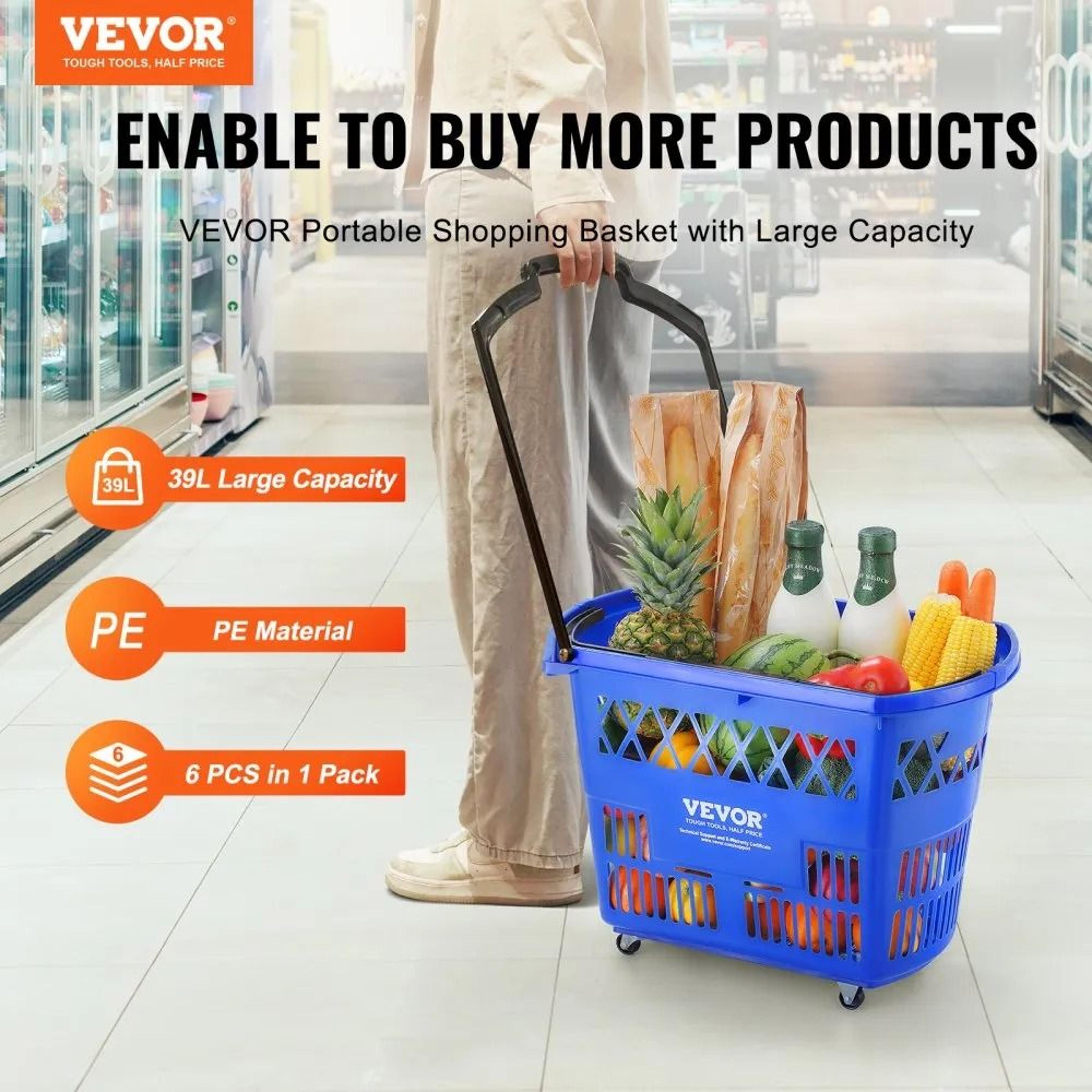 39L Rolling Shopping Baskets With Wheels And Handles 6 Pack For Grocery Stores And Retail 2