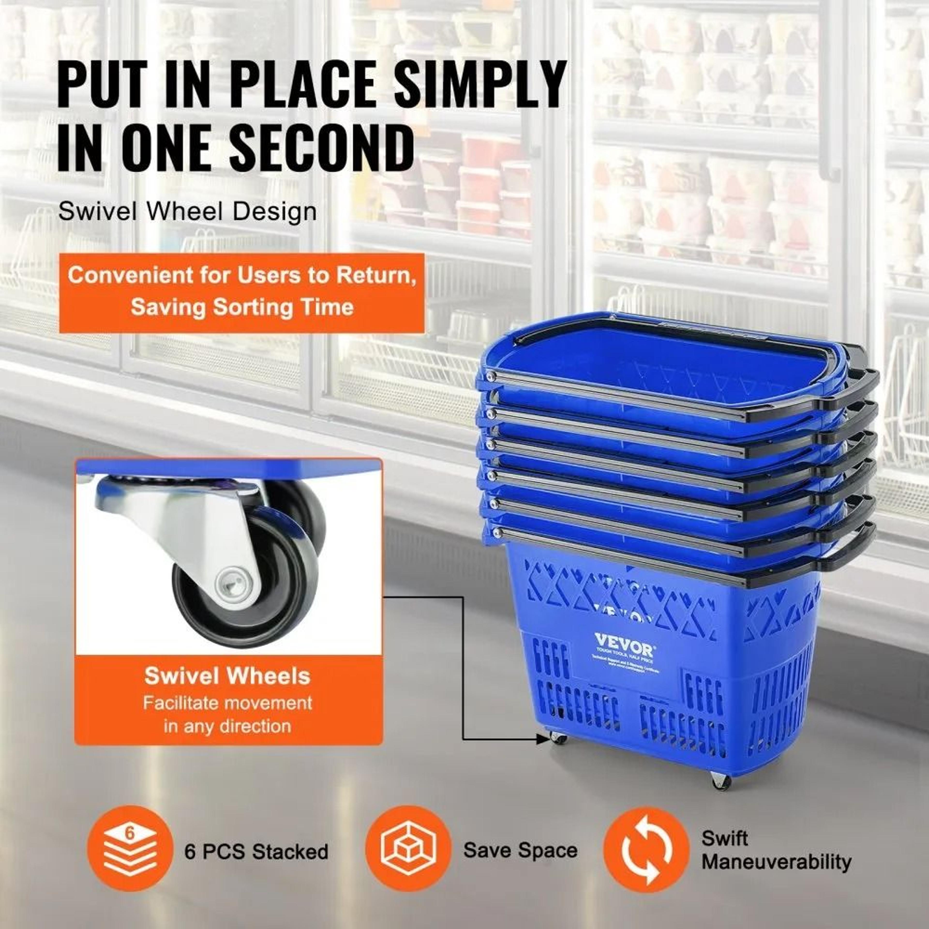 39L Rolling Shopping Baskets With Wheels And Handles 6 Pack For Grocery Stores And Retail 3