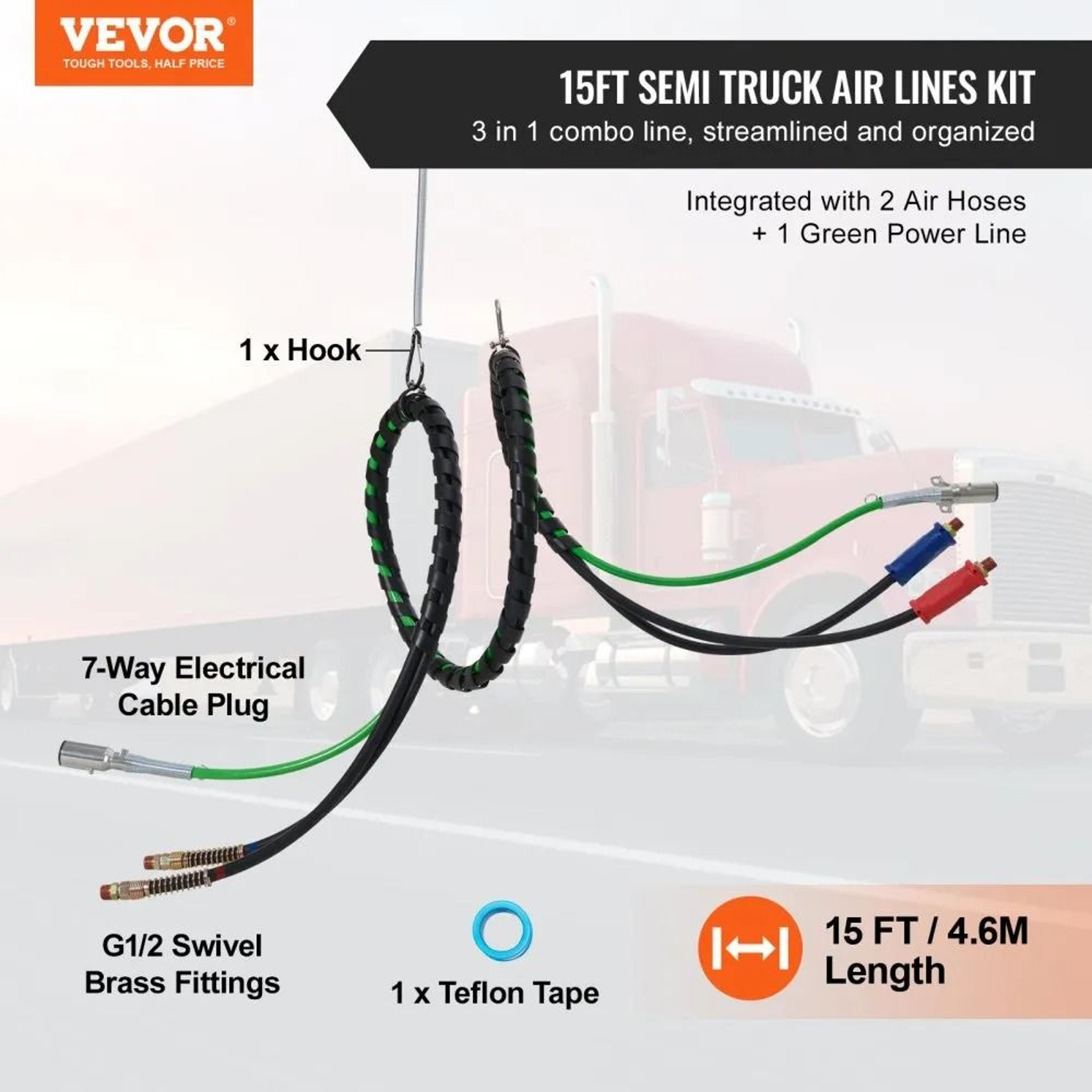 12FT Semi Truck Air Lines Kit With 3 In 1 Air Hoses And SAE J560 ABS Power Line 2