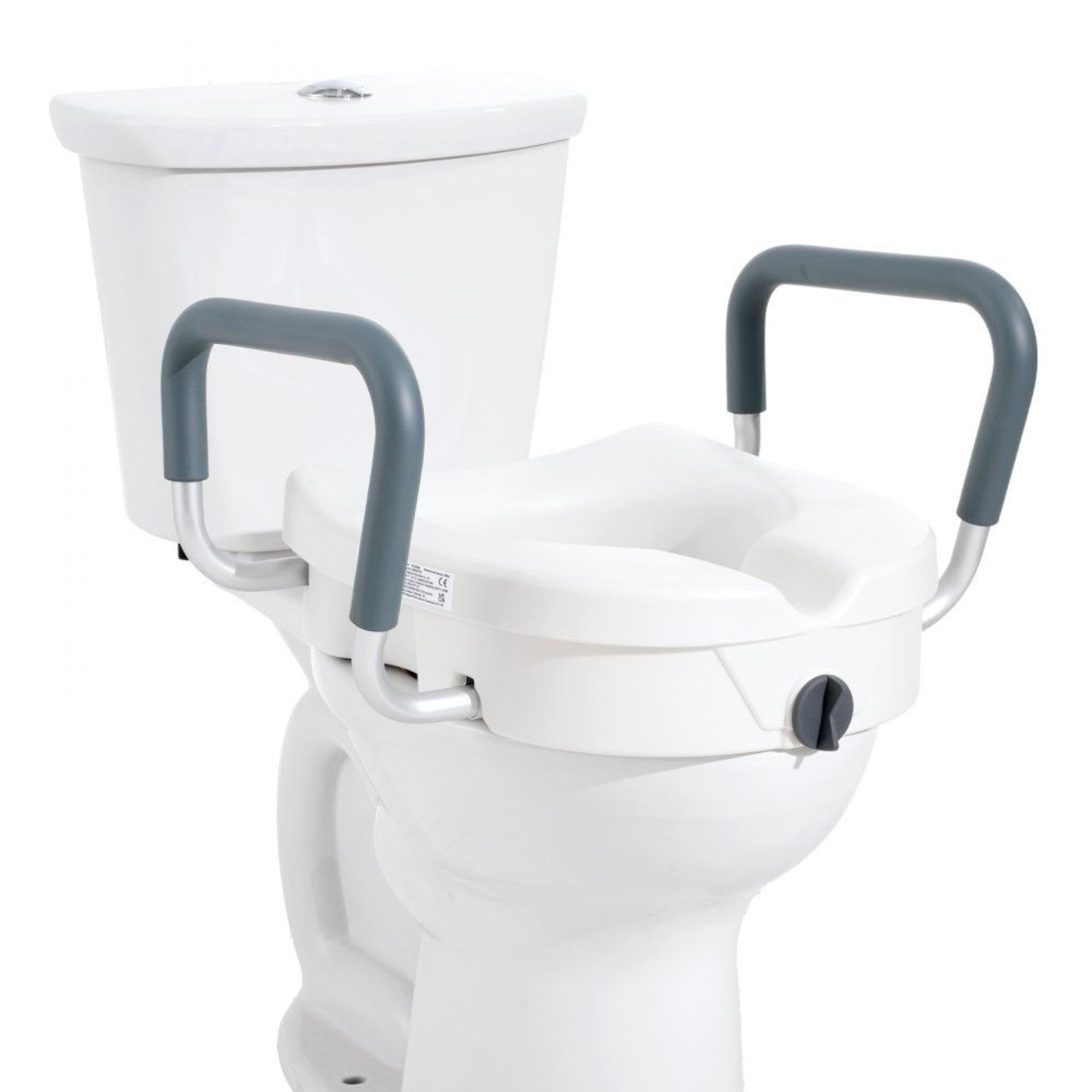 5 inch raised toilet seat with adjustable padded armrests and 350 lb capacity