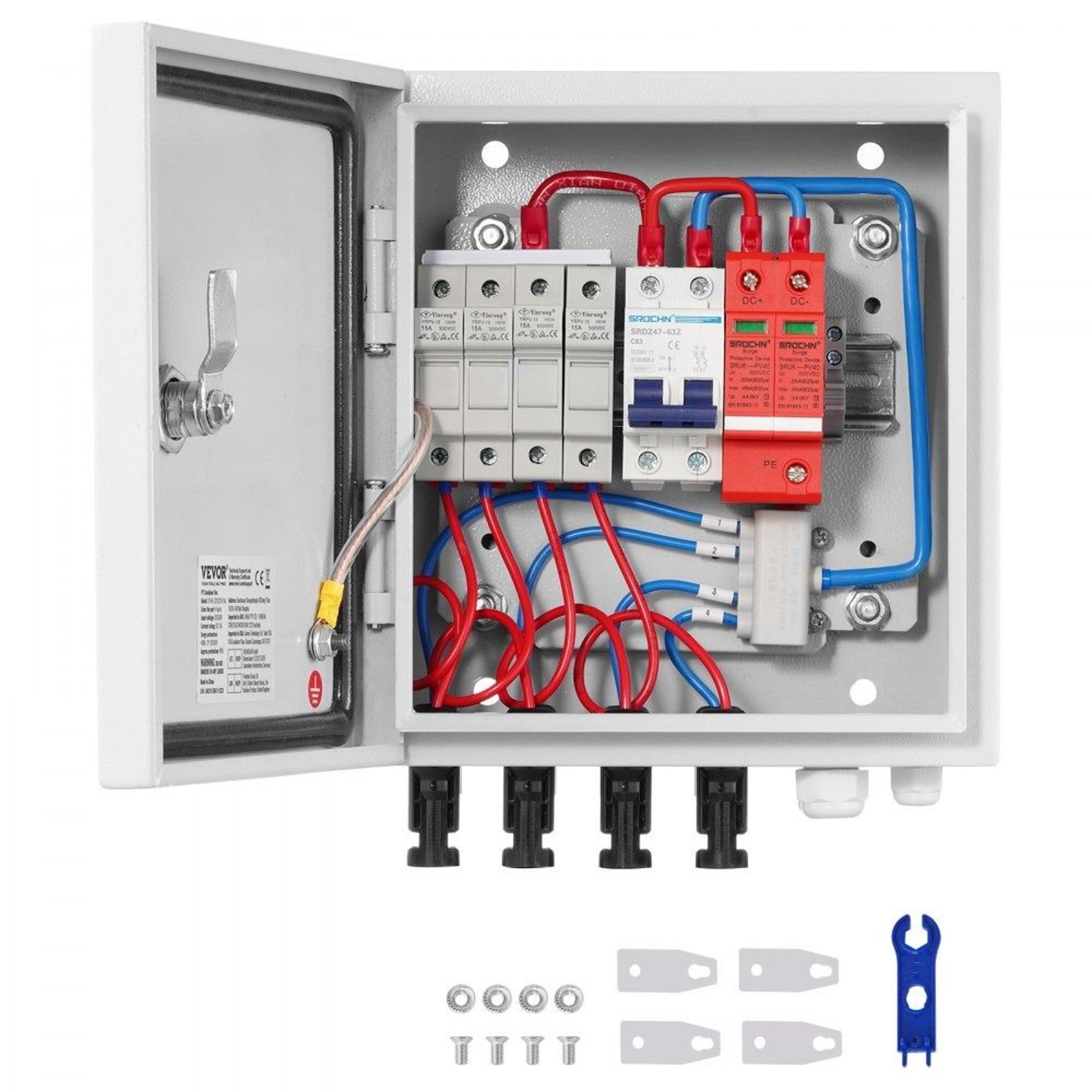 solar pv combiner box 4 string ip65 steel enclosure with circuit breaker and lightning protection