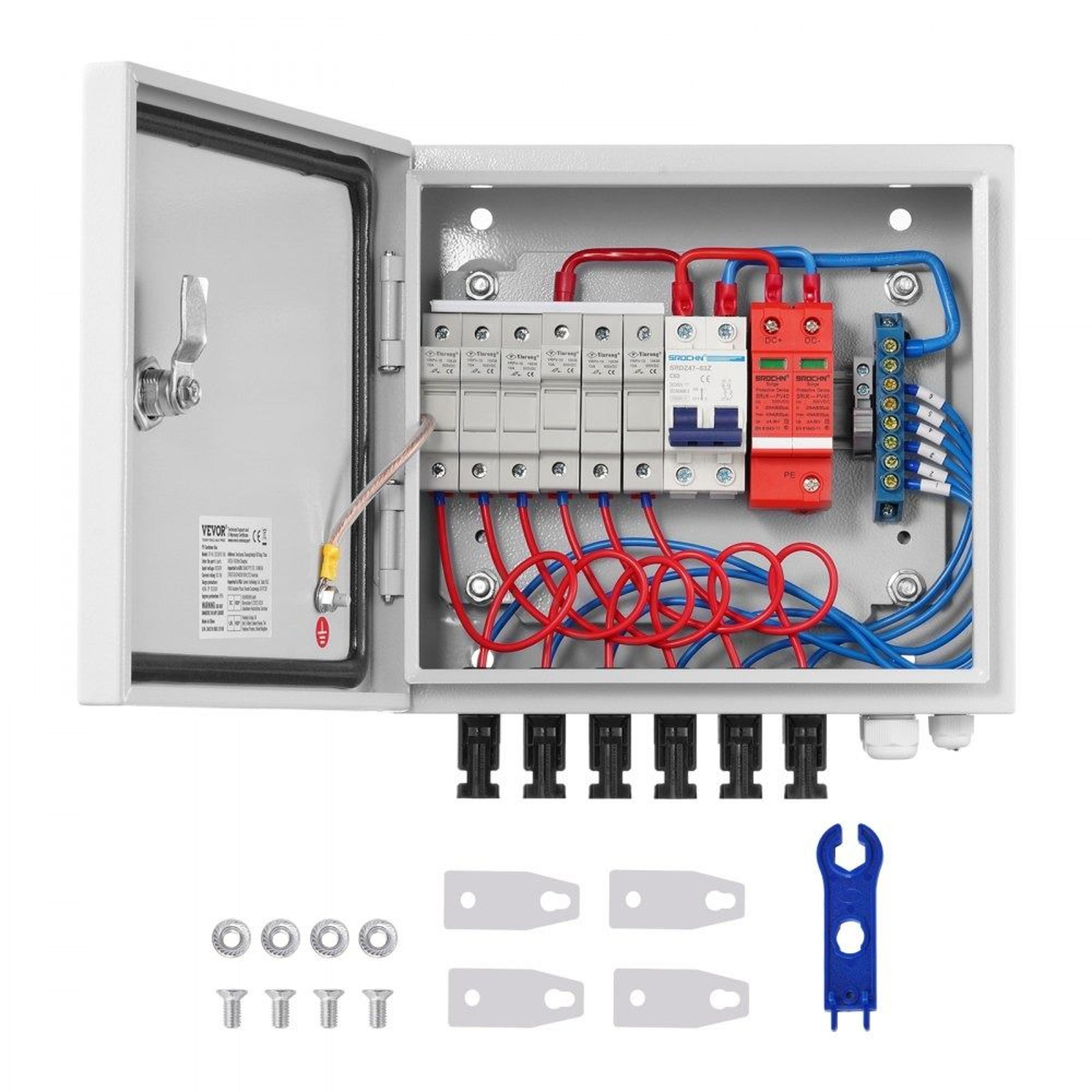 6 string pv combiner box with 15a fuses 125a breaker and ip65 steel enclosure