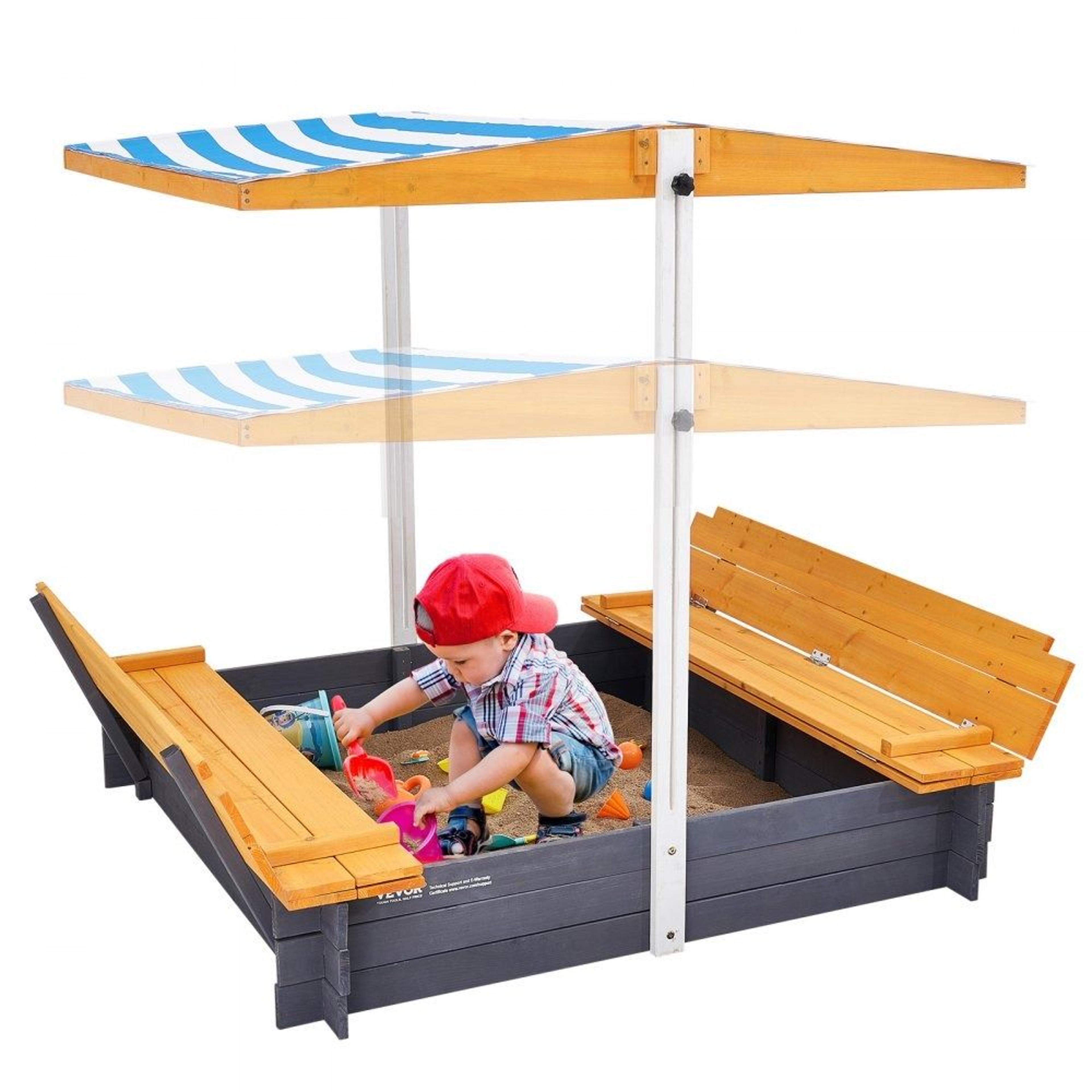 wooden kids sandbox with adjustable canopy foldable bench seats and sand cover