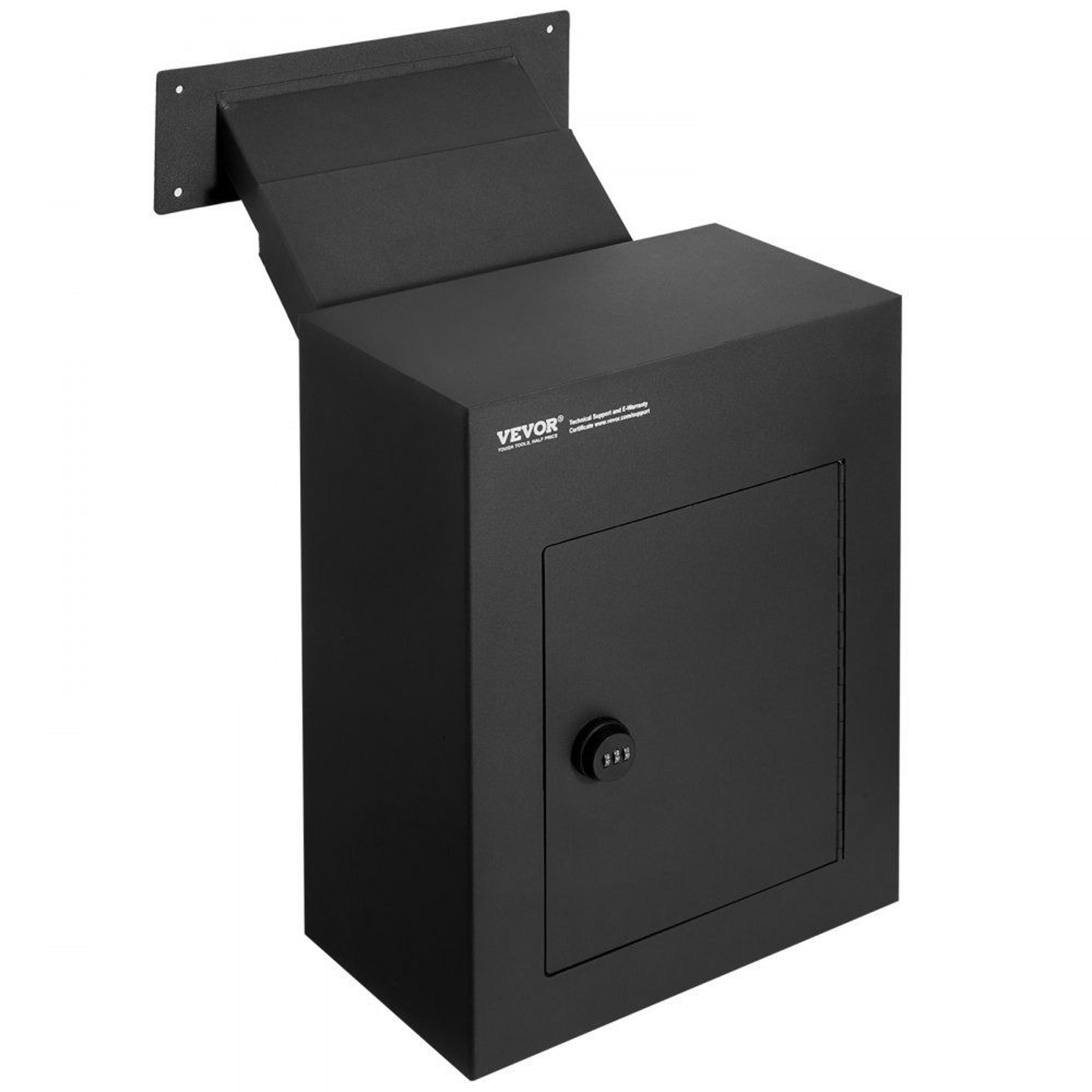 secure through wall mail drop box with combination lock and adjustable chute