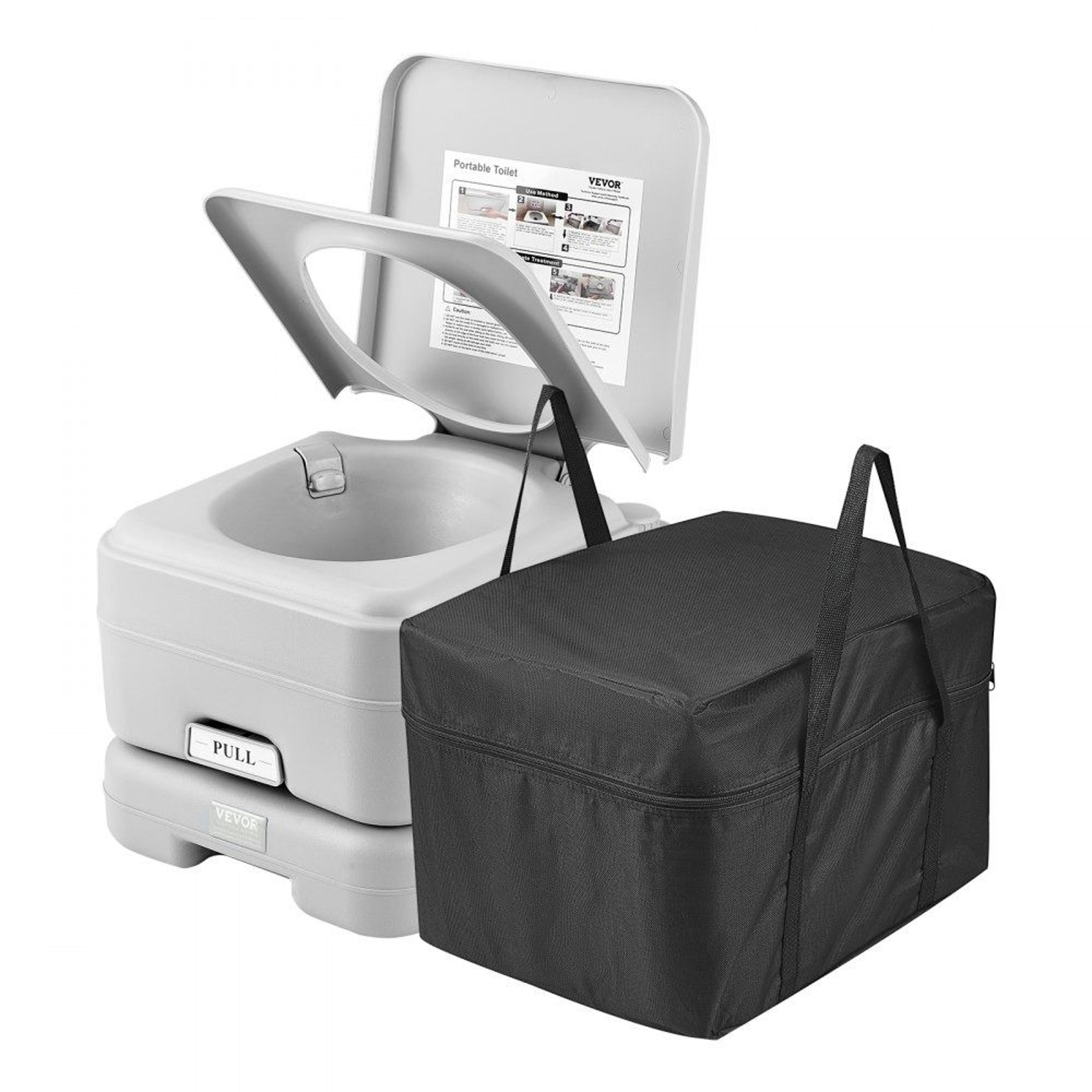 portable camping toilet with pressurized flush leak proof waste tank and carry bag