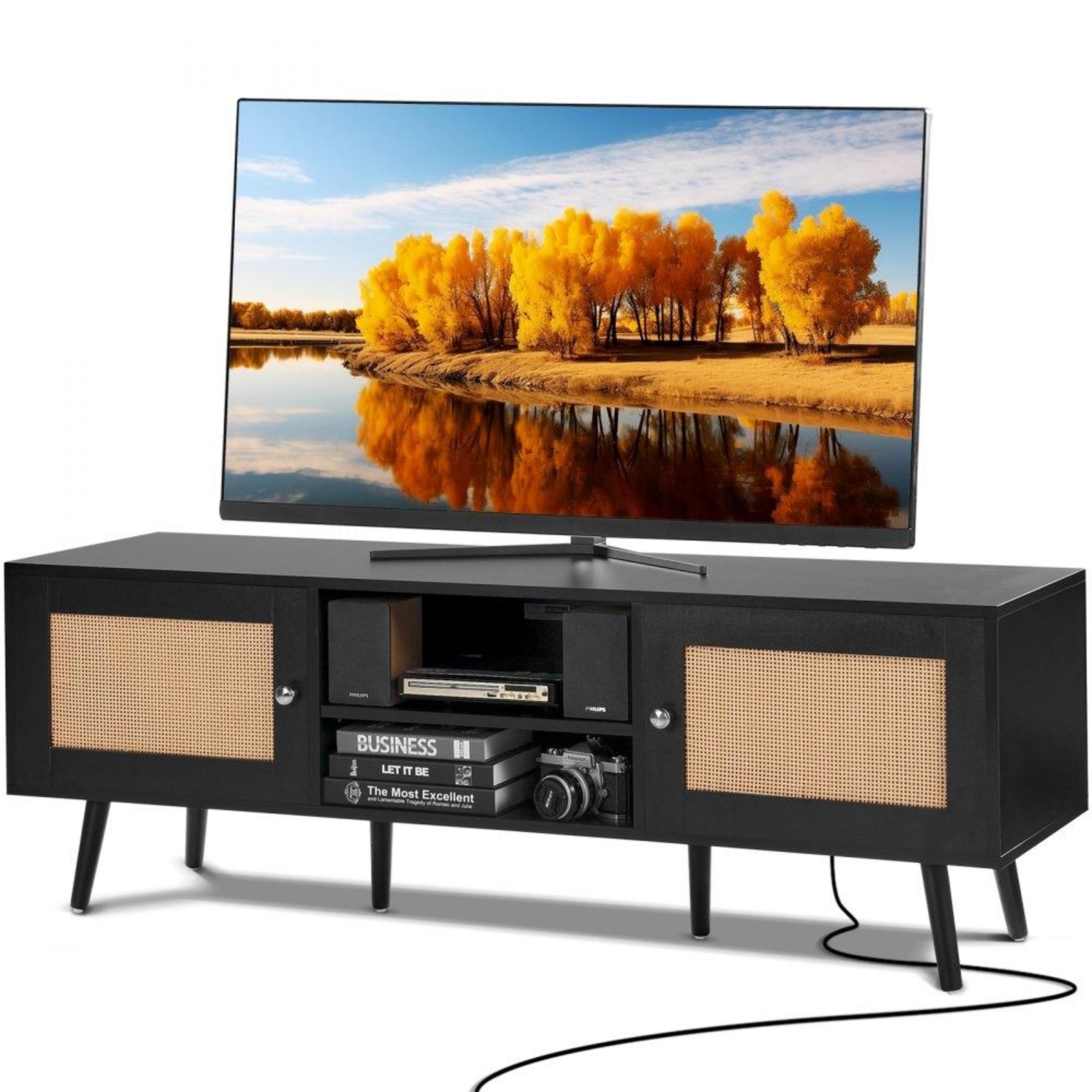 rattan tv stand for 65 inch tv with storage and built in charging