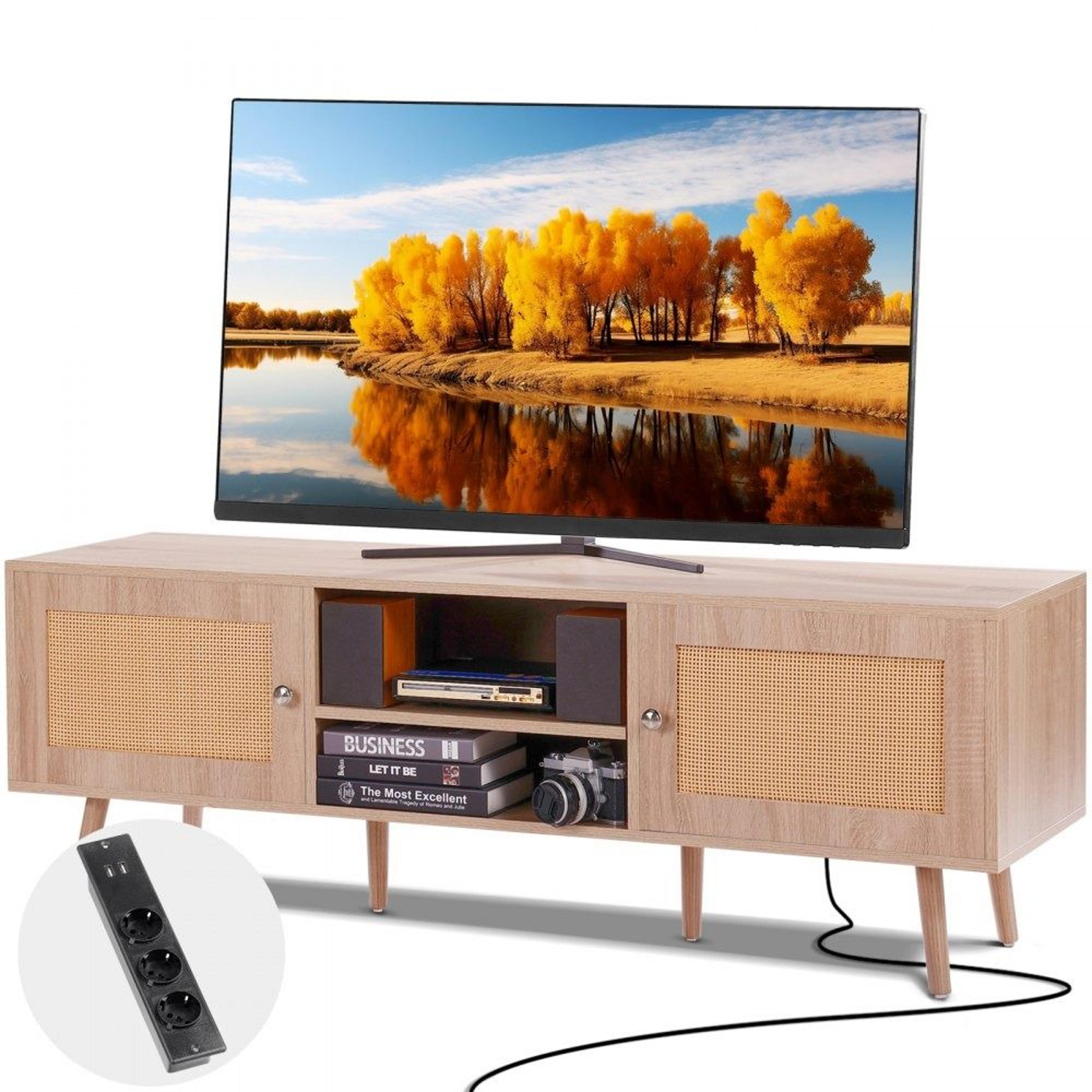 rattan tv stand for 65 inch tv with power outlets usb ports and adjustable storage