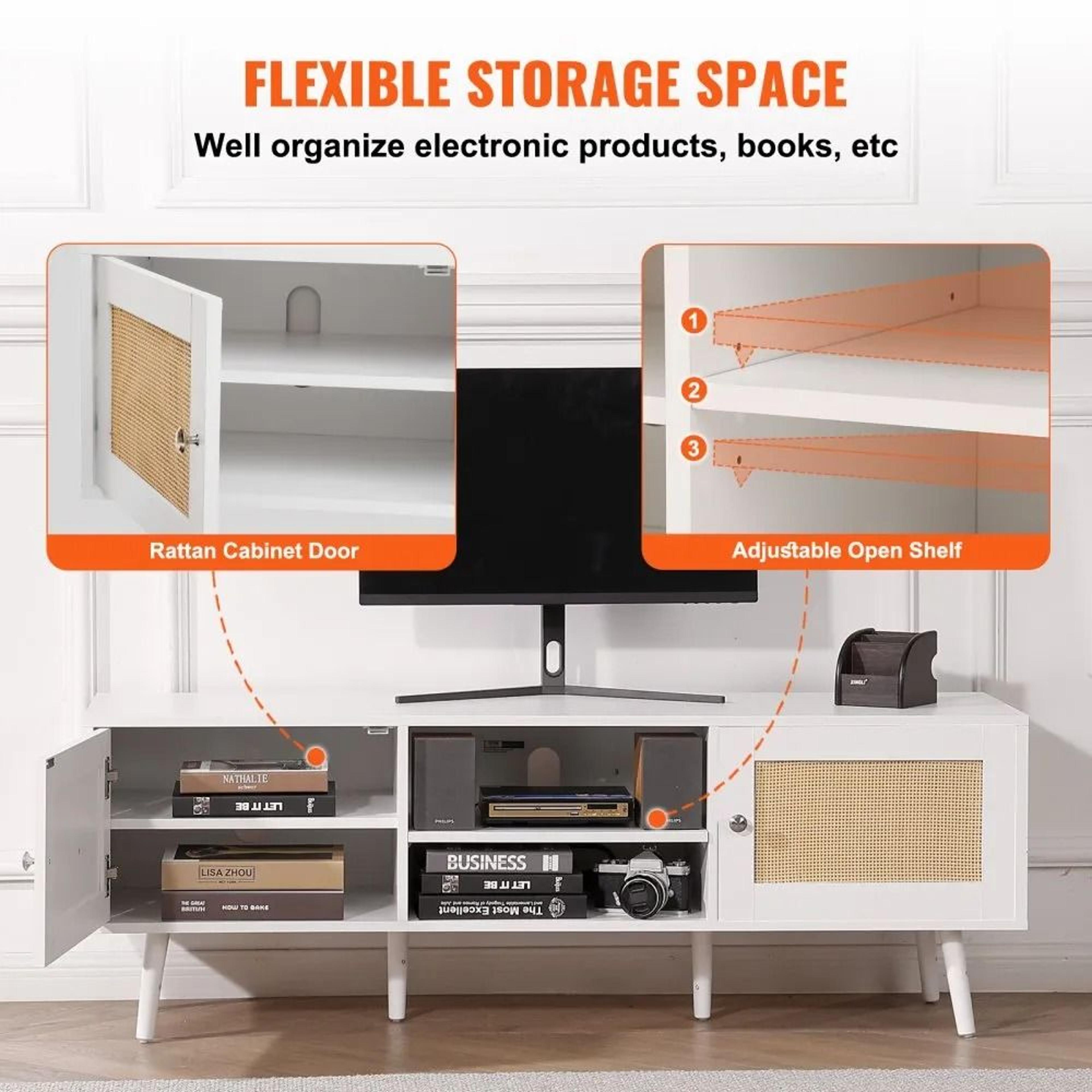 Rattan TV Stand For 65 Inch TV With Storage And Built In Power Outlet 6