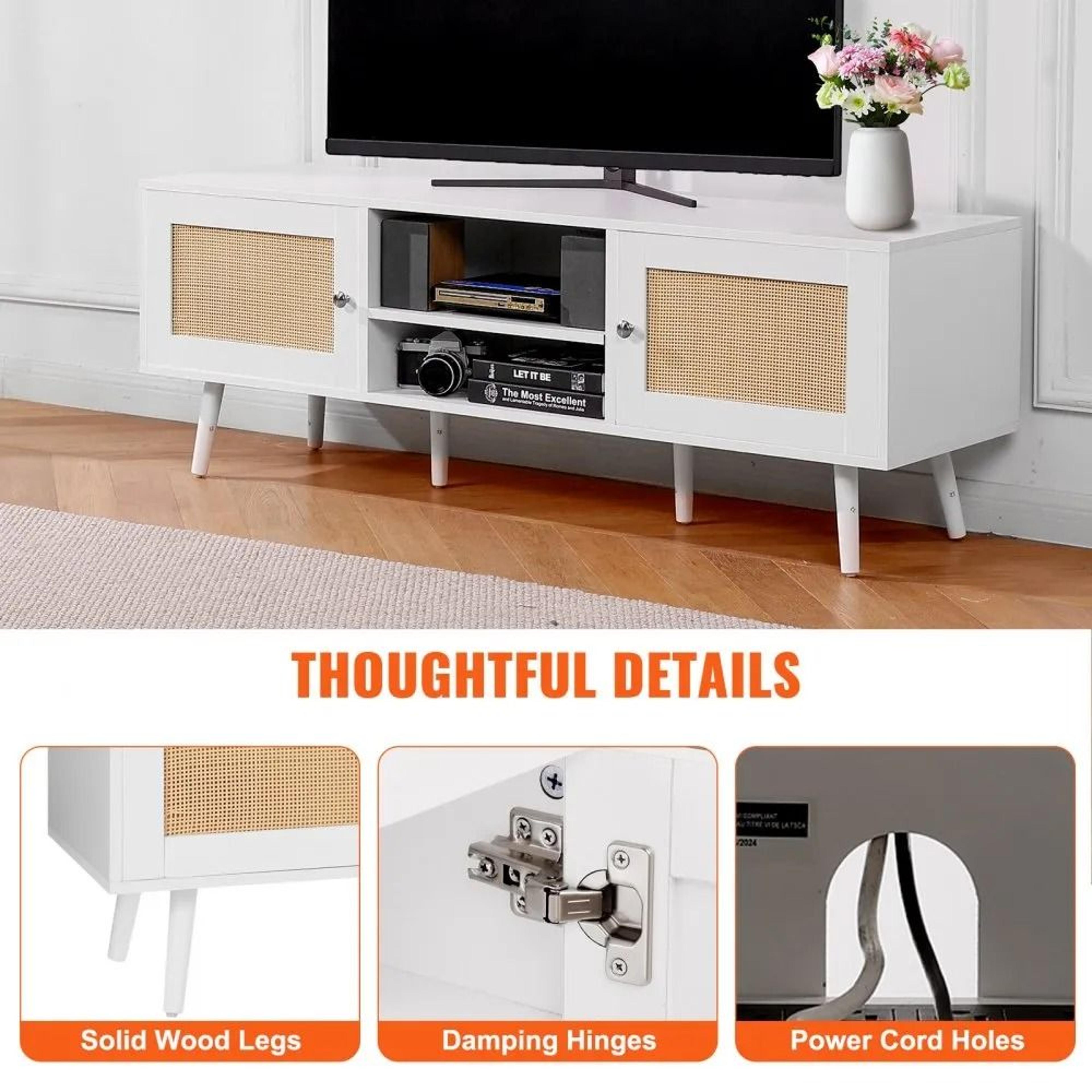 Rattan TV Stand For 65 Inch TV With Storage And Built In Power Outlet 4