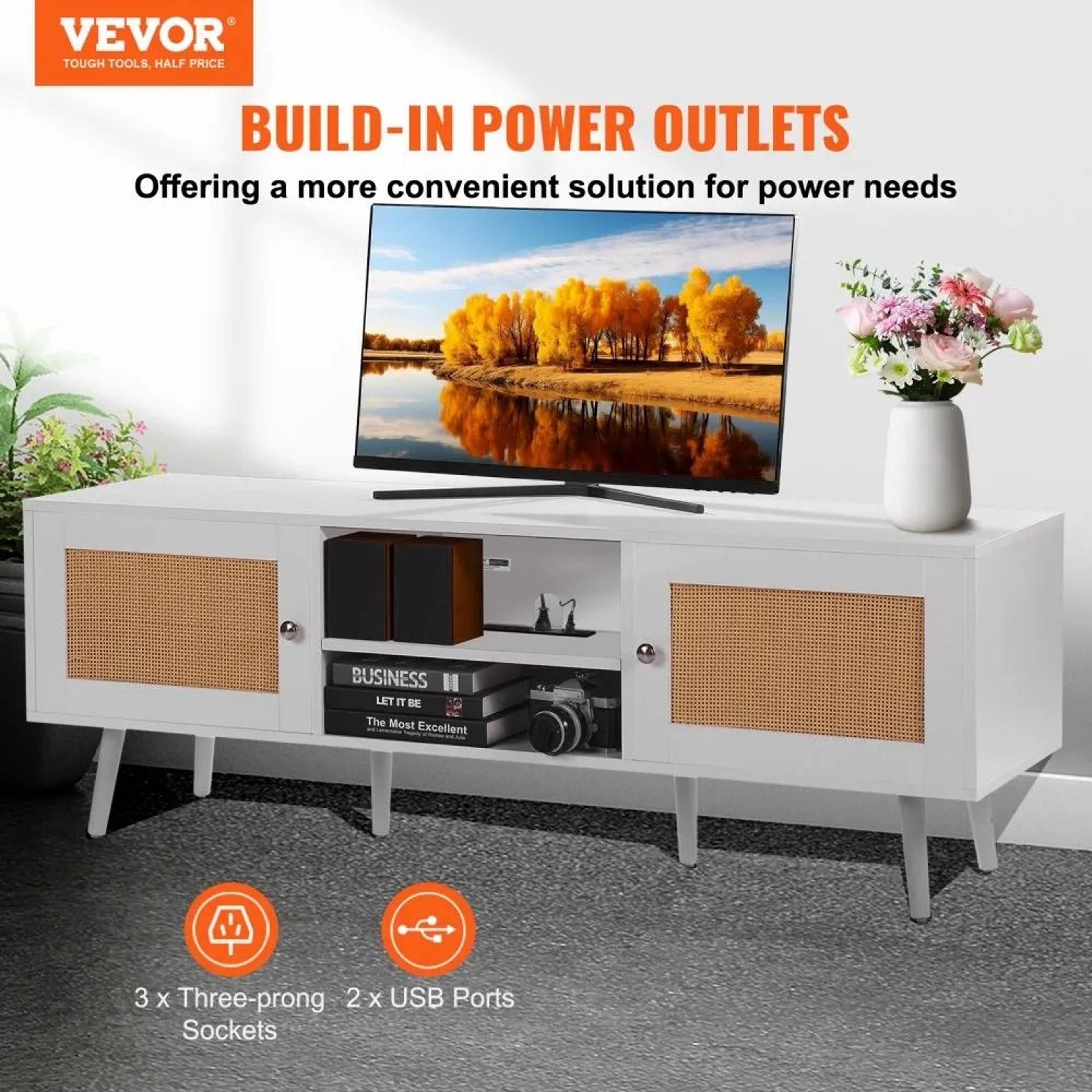 Rattan TV Stand For 65 Inch TV With Storage And Built In Power Outlet 1