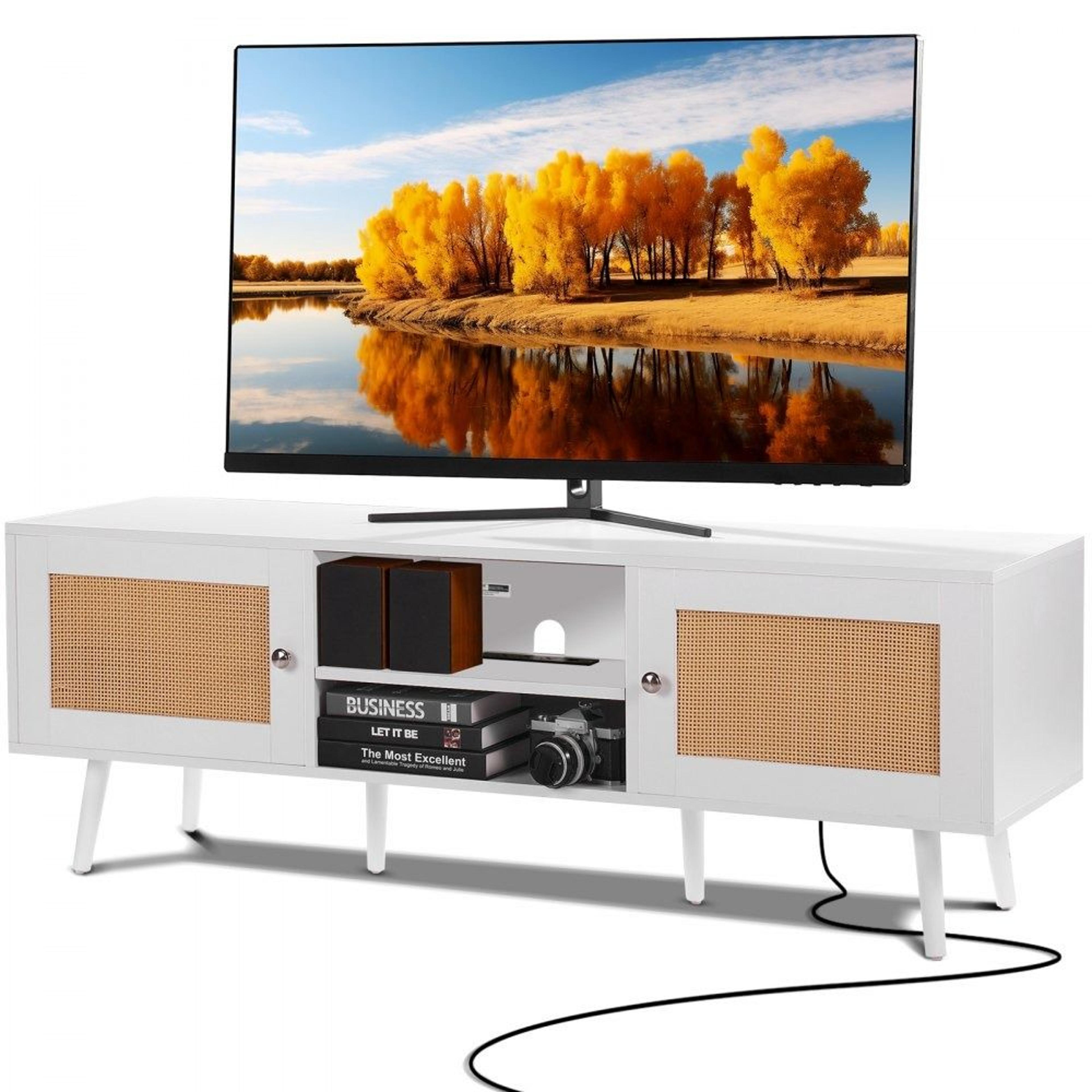 rattan tv stand for 65 inch tv with storage and built in power outlet