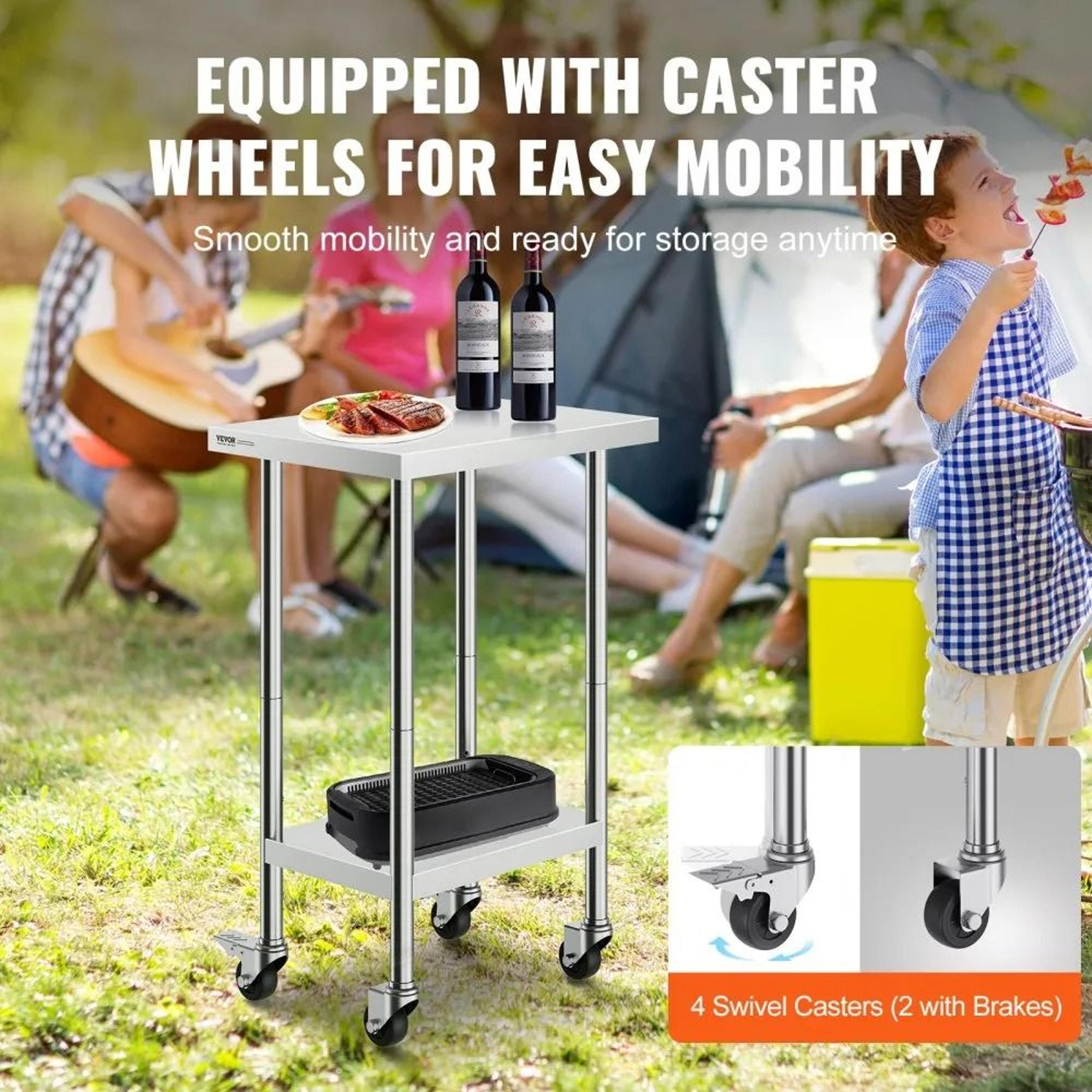 Stainless Steel Work Table With Wheels Adjustable Commercial Kitchen Prep Table 24 X 18 X 38 Inch 2